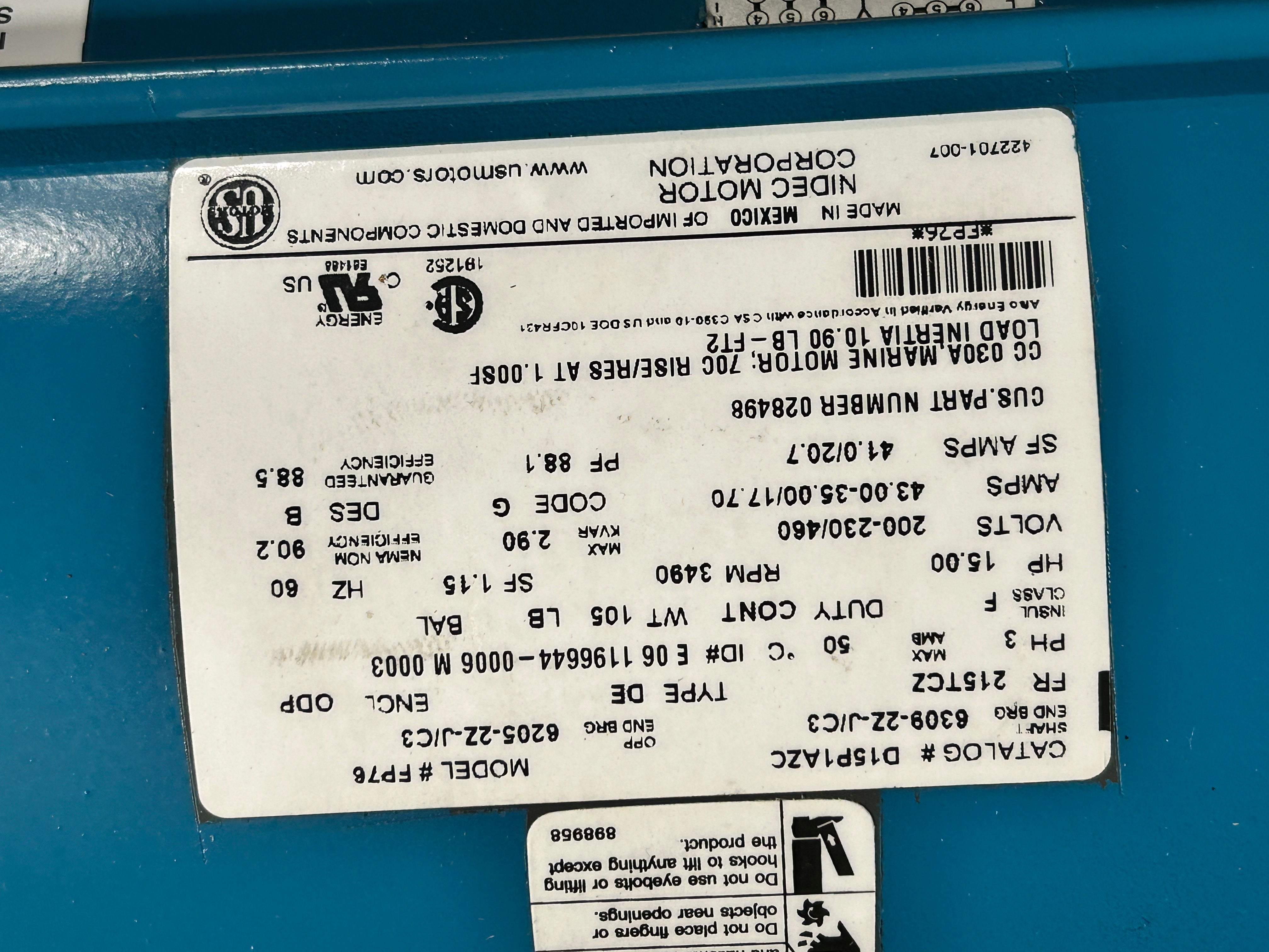 Crane Barnes 25CCE 15HP Centrifugal Pump US Motors 200-230/460V 3PH