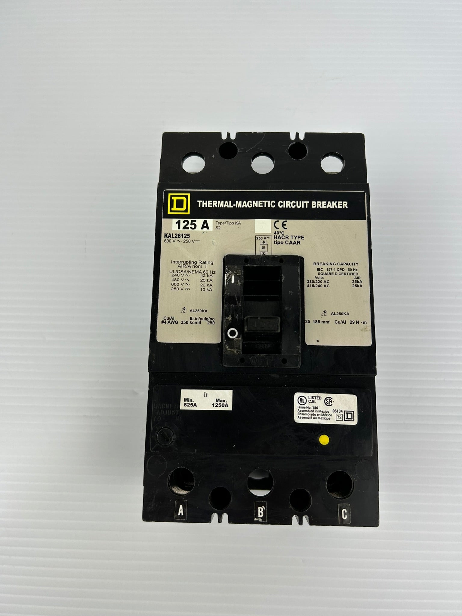 Square D KAL26125 Circuit Breaker 125A KA 186 600VAC 250VDC
