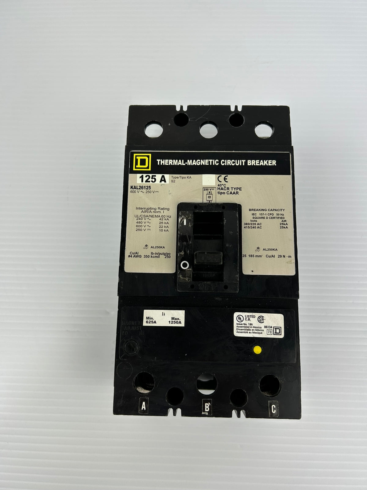 Square D KAL26125 Circuit Breaker 125A KA 186 600VAC 250VDC