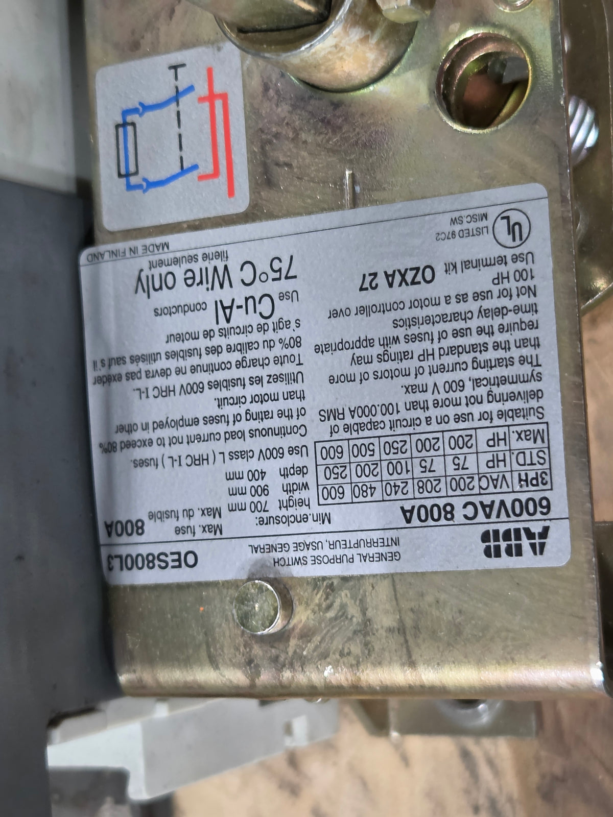 ABB OES800L3 Fusible Disconnect Switch 3 Pole 600VAC 800A w/ Fuses On/Off Switch