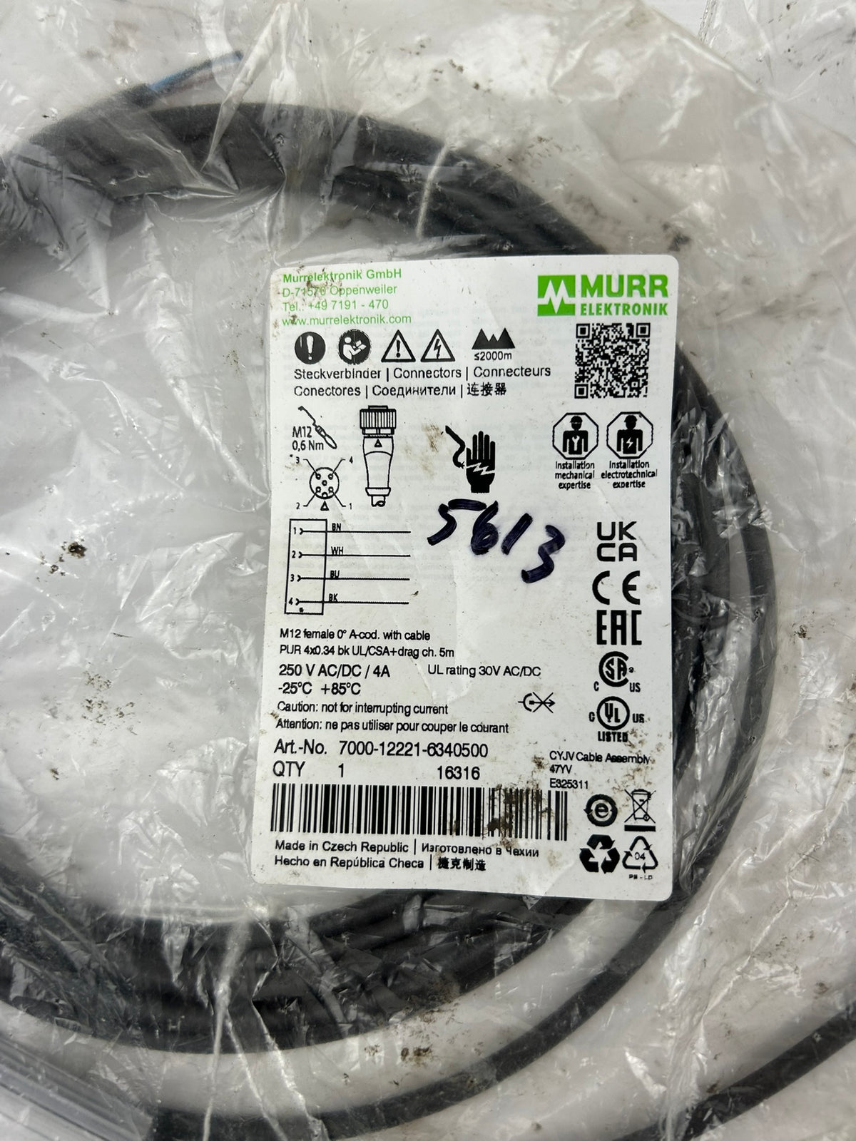 Murr Elektronik 7000-12221-6340500 M12 Female 4-Pin A-Coded Cable 5M - Lot of 3