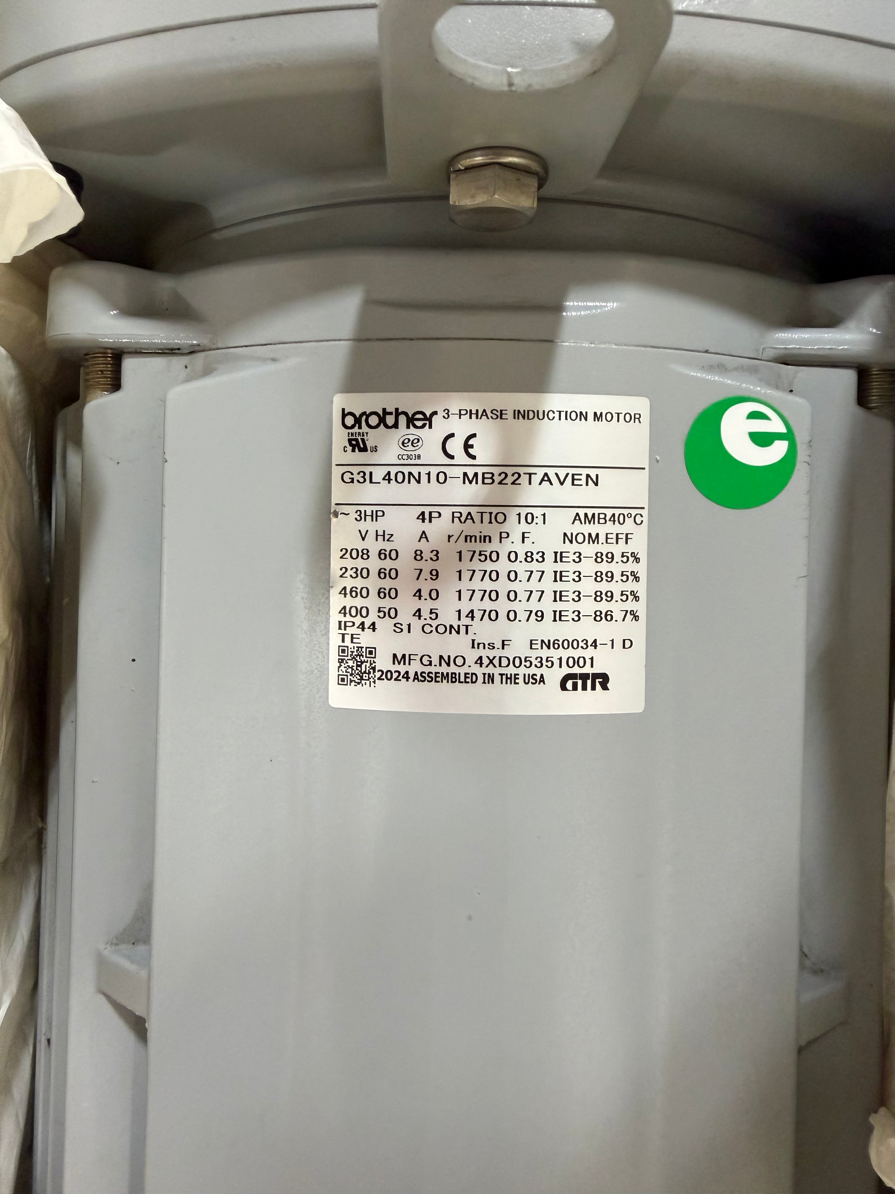Brother G3L40N10-MB22TAVEN 3HP 3PH Gearmotor 10:1 Ratio 460V 1770 RPM IE3