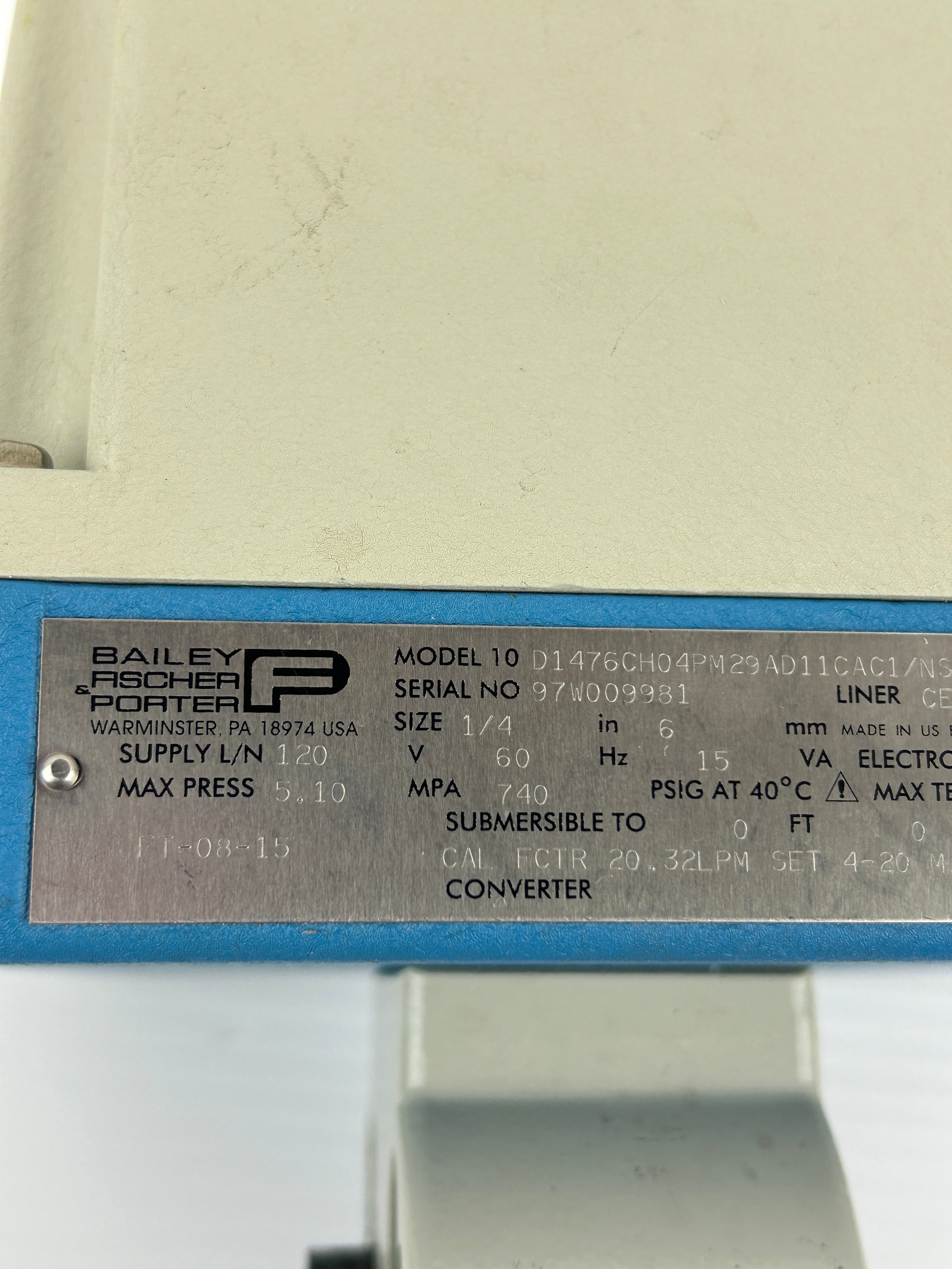 ABB Bailey Fischer & Porter 10D1476CH04PM29AD11CAC1/NS Flow Meter 1/4" 15VA
