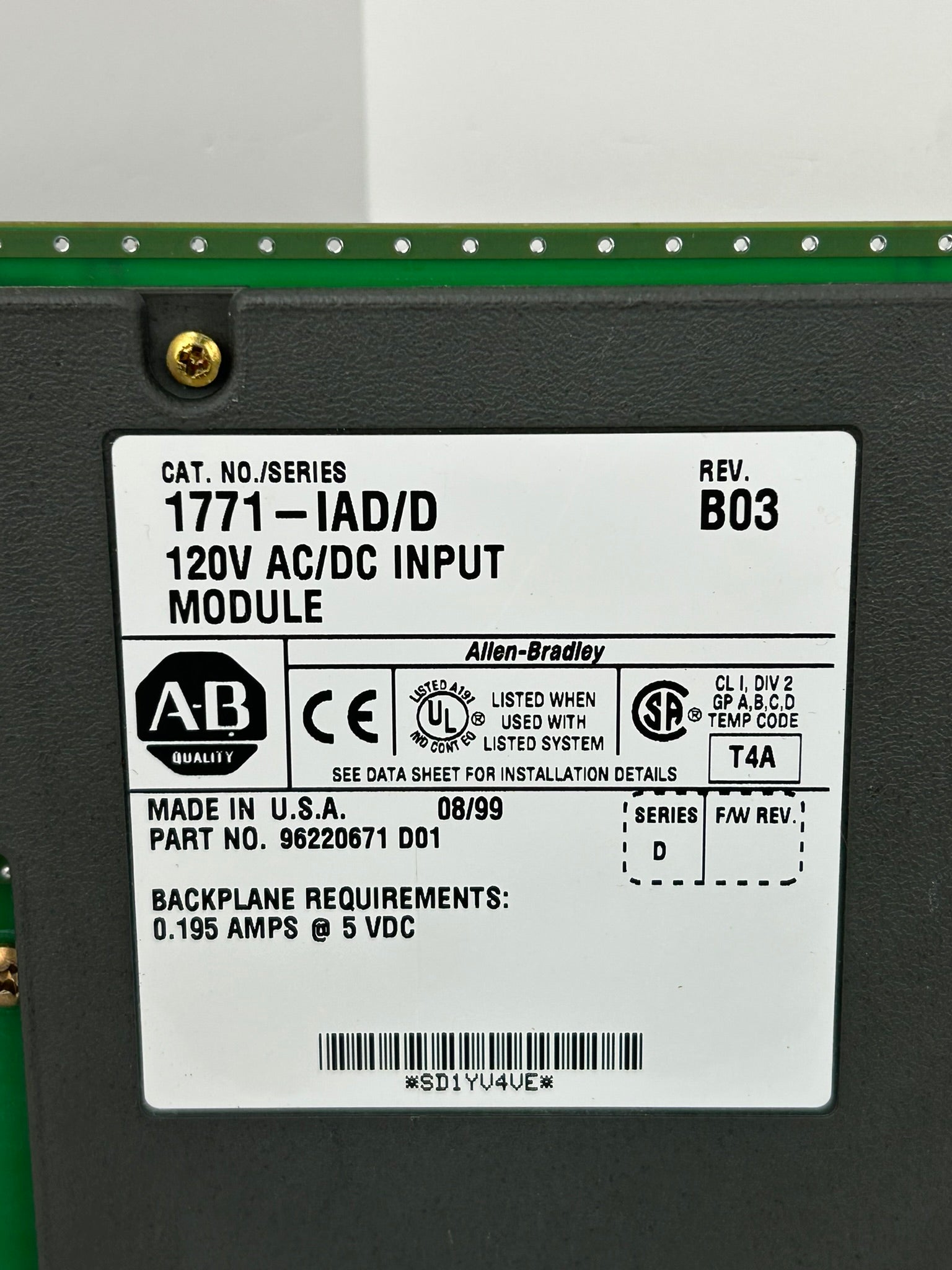 Allen-Bradley 1771-IAD AC/DC Input Module Series D Rev B03