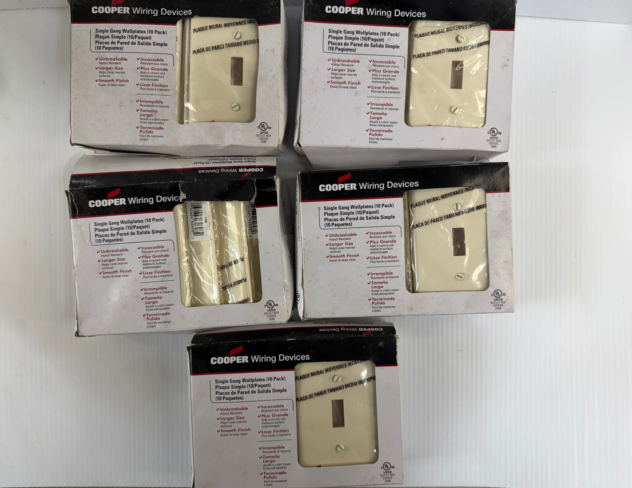 Cooper Wiring Unbreakable Mid-Size Wallplate 1-Gang Wallplate Toggle PJ1A-CP Box of 10 Lot of 5