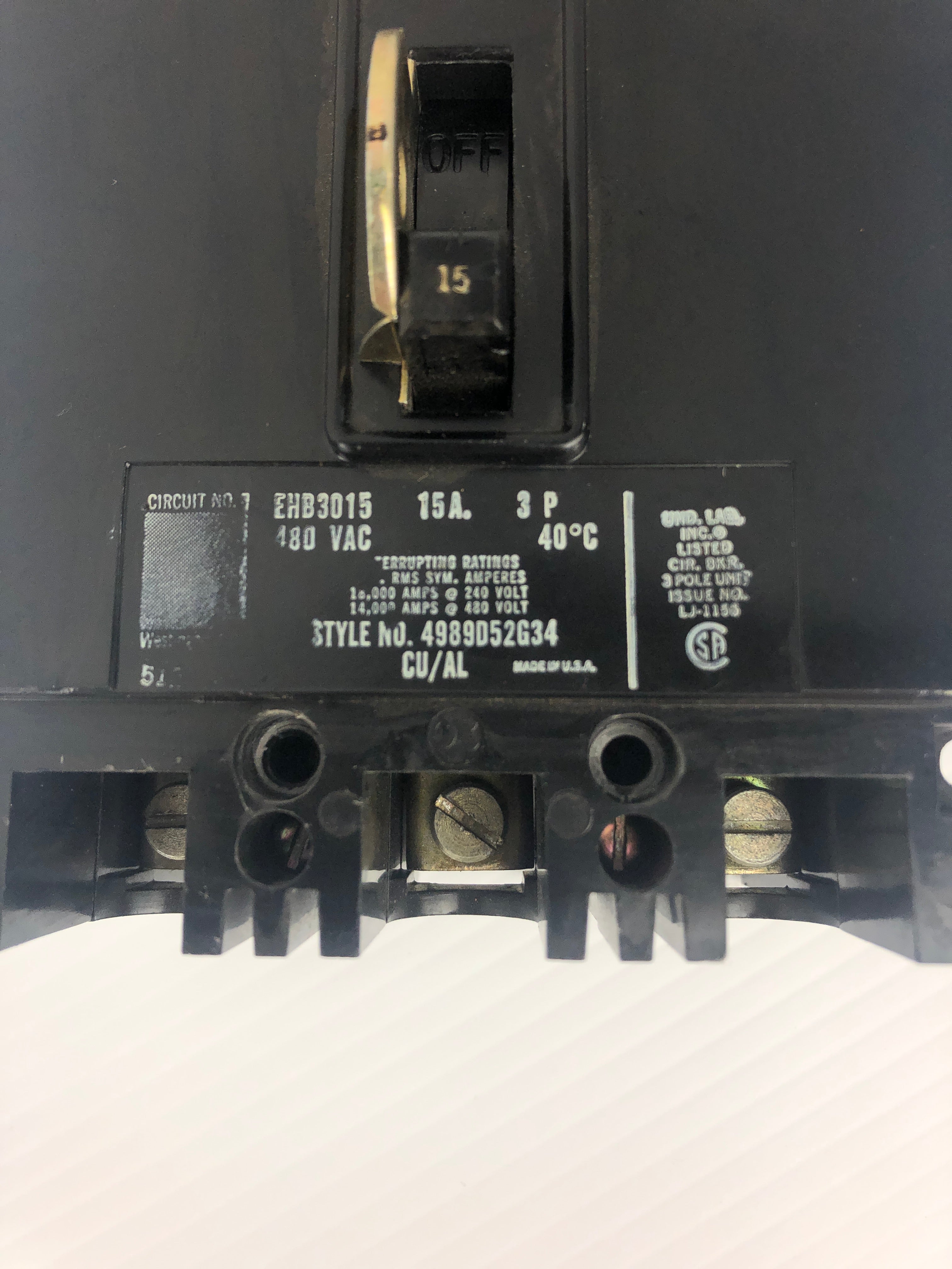 Westinghouse EHB3015 Circuit Breaker with Switch Guard 15A 3P 480VAC