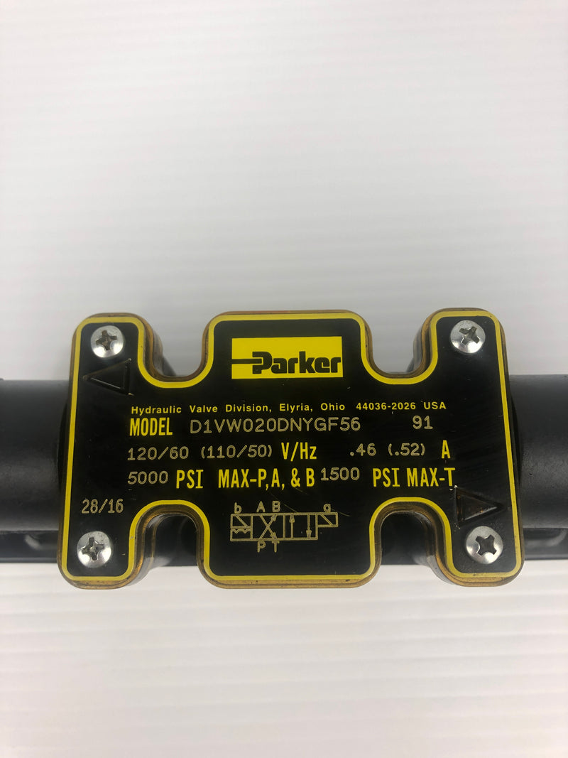 Parker D1VW020DNYGF56 91 Hydraulic Valve 5000PSI 110/120V .46/.52A 50/60Hz