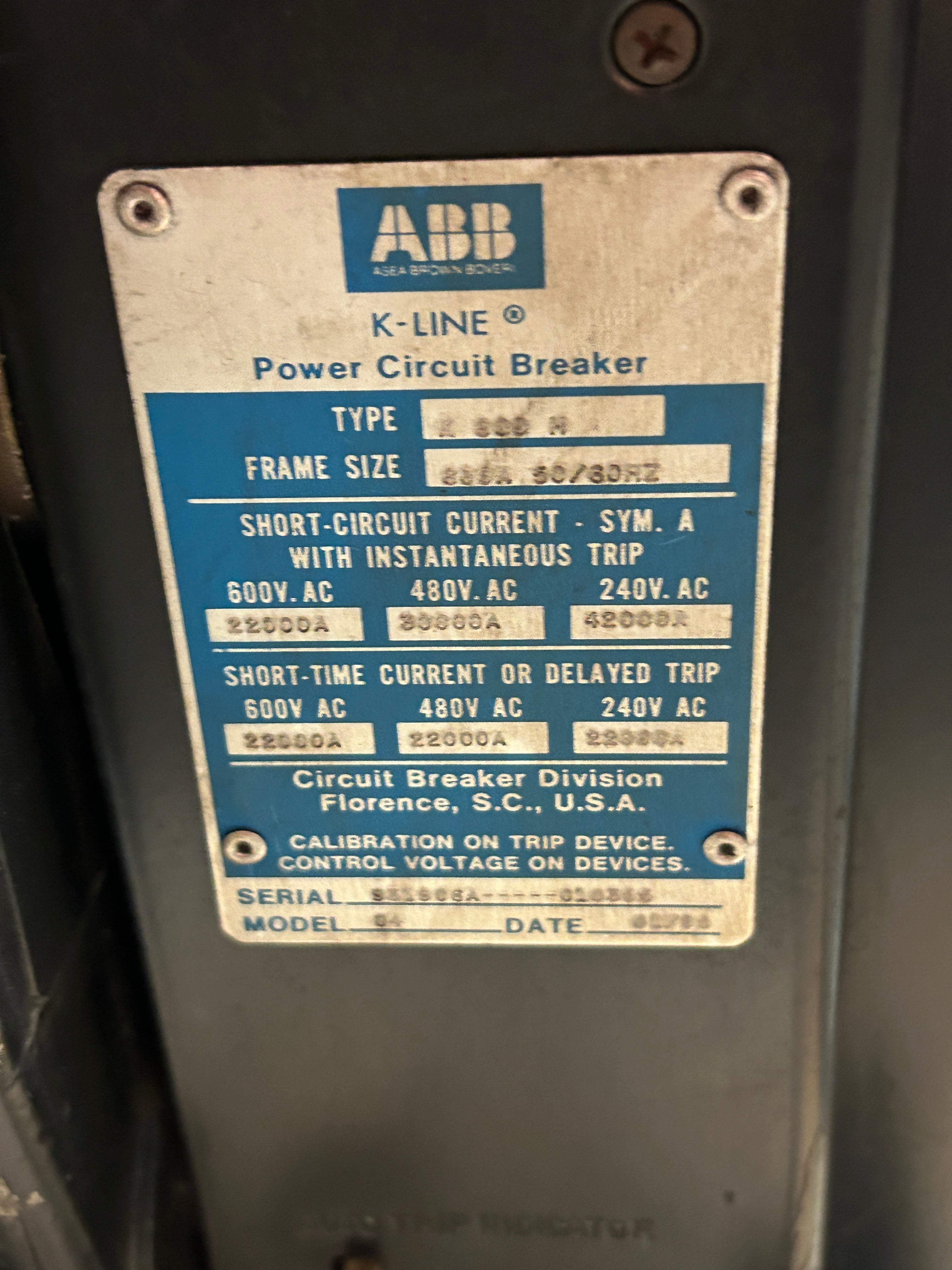 ABB K-800M K-Line Power Circuit Breaker 800A K800M with Power Shield MPS-C-3