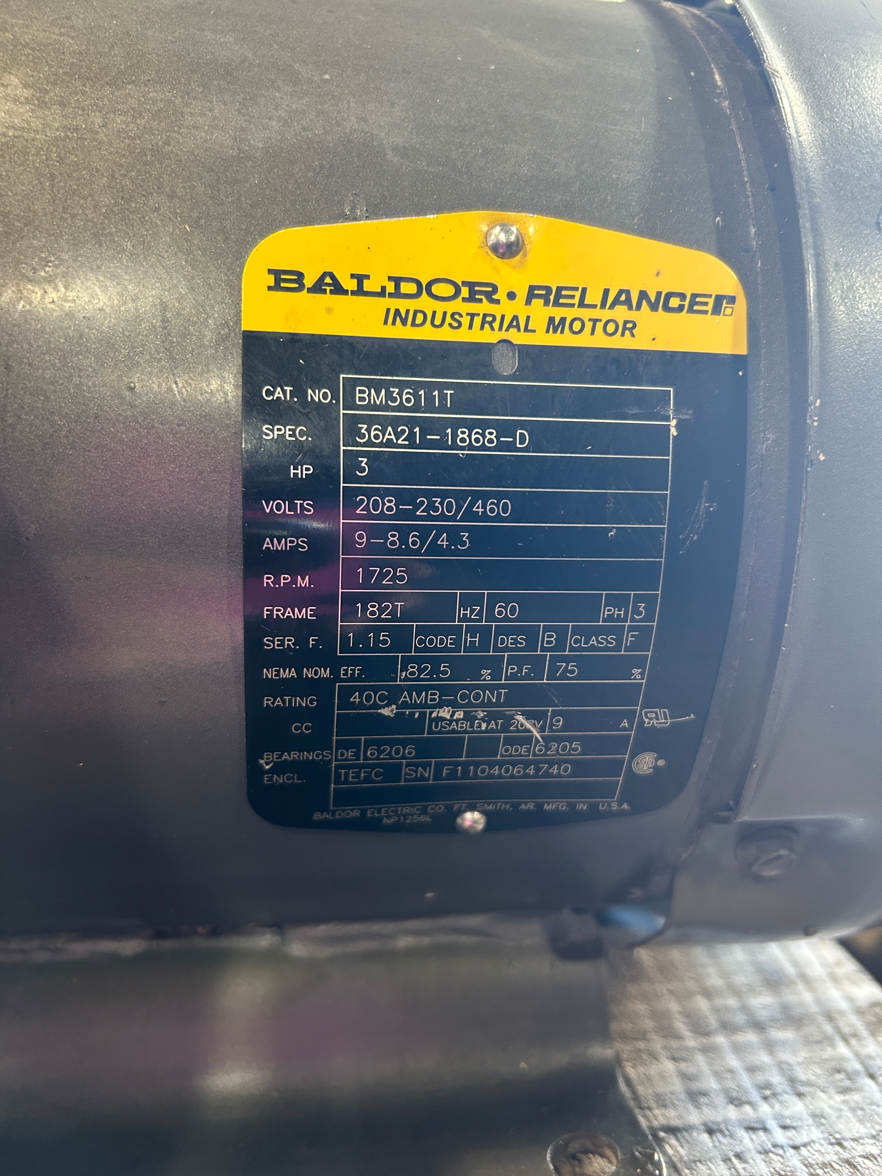 Baldor Reliance BM3611T Motor 3HP with Stearns 76BK4100DPF Brake 105604100DPF