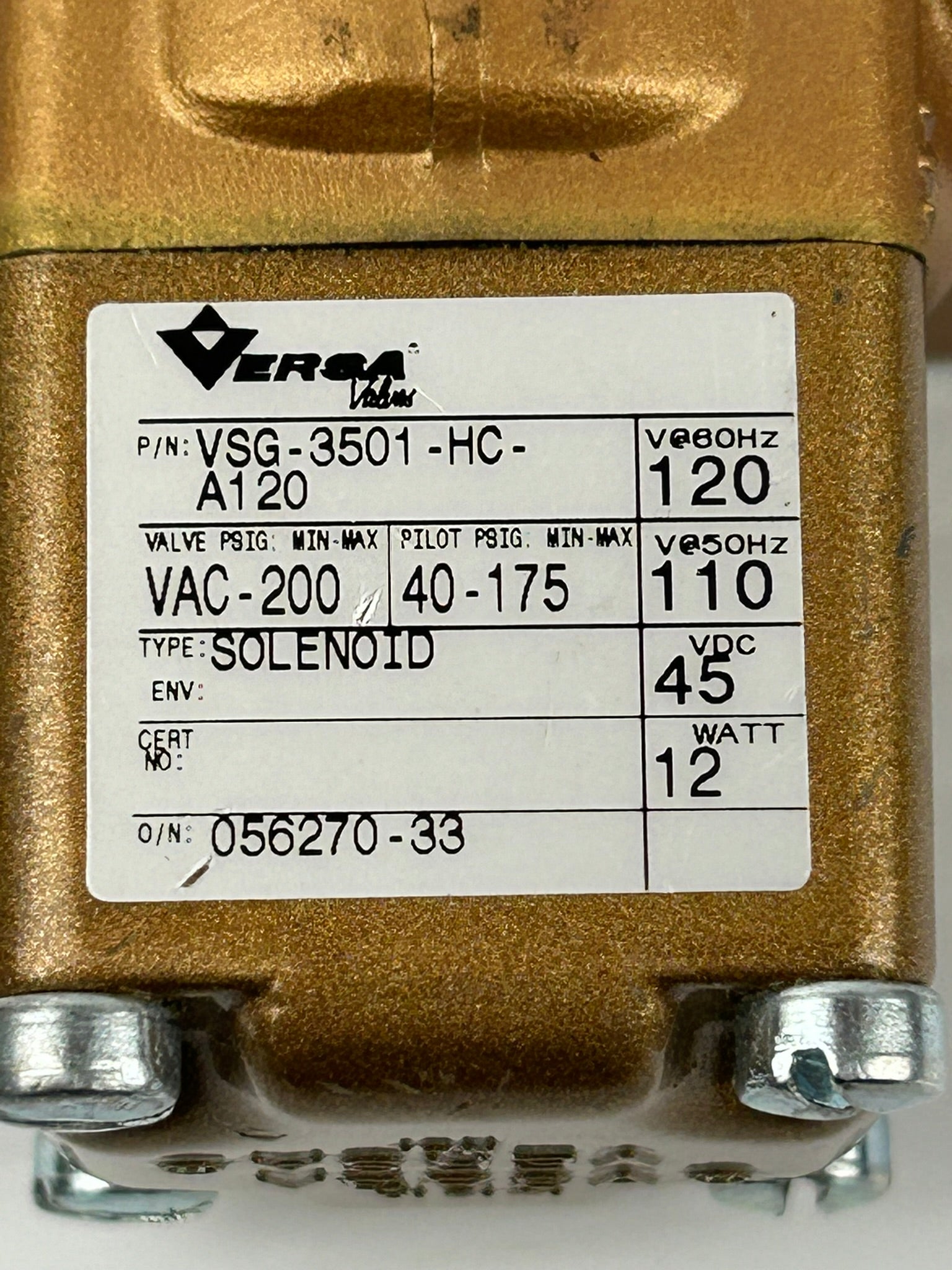 Versa VSG-3501-HC-A120 Three-Way Brass Air Valve 200VAC