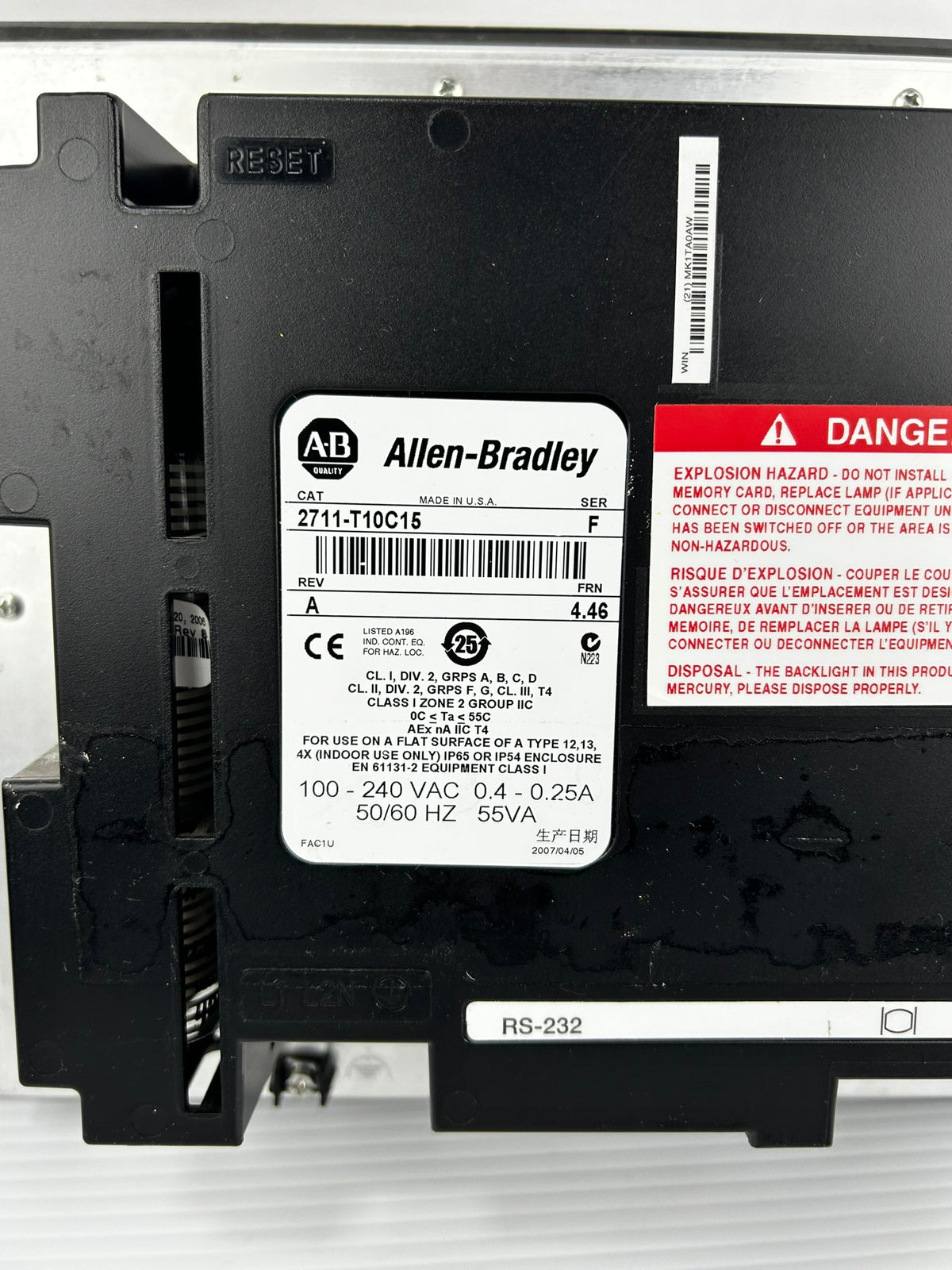 Allen-Bradley HMI 2711-T10C15 PanelView 1000 Touchscreen Ser F Rev A TESTED