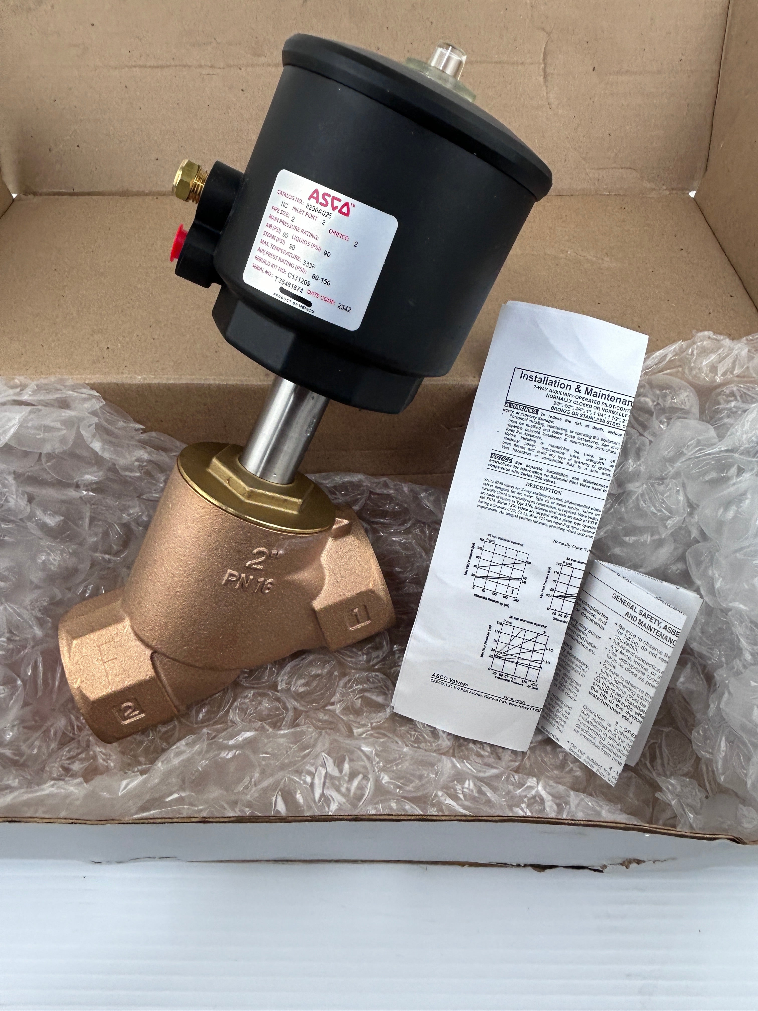 Asco 8290A025 2-Way Auxiliary Valve 2/2 NC 2" NPT PN16 Bronze 90 PSI