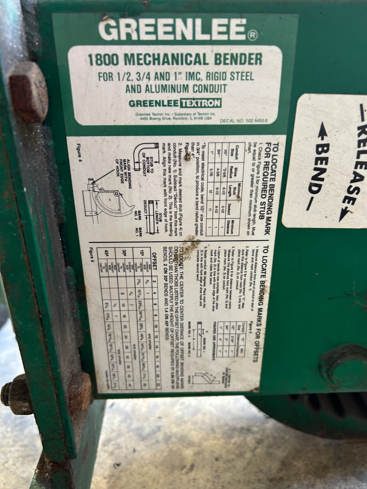 Greenlee 1800 Mechanical Pipe Bender 1/2" 3/4" 1" Rigid Steel Aluminum Conduit