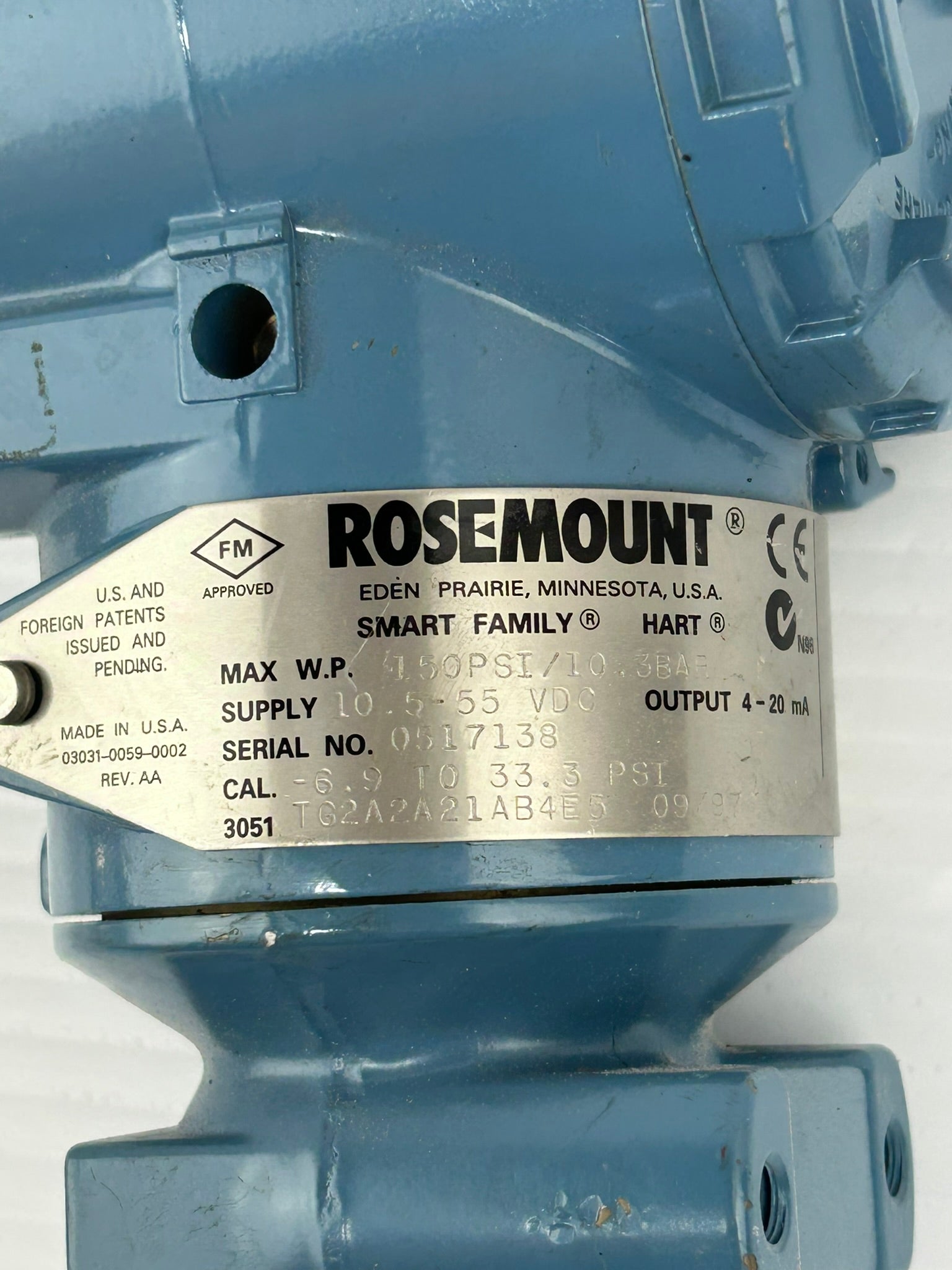 Rosemount Hart 3051TG2A2A21AB4E5 Pressure Transmitter 150PSI 10.3 bar