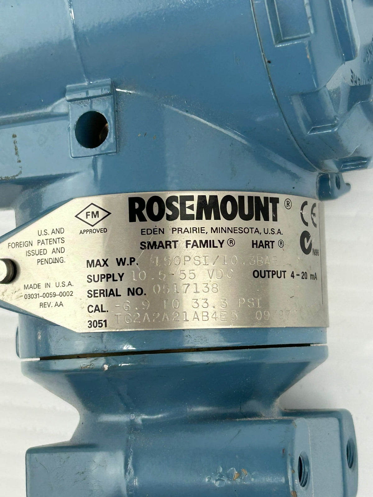 Rosemount Hart 3051TG2A2A21AB4E5 Pressure Transmitter 150PSI 10.3 bar