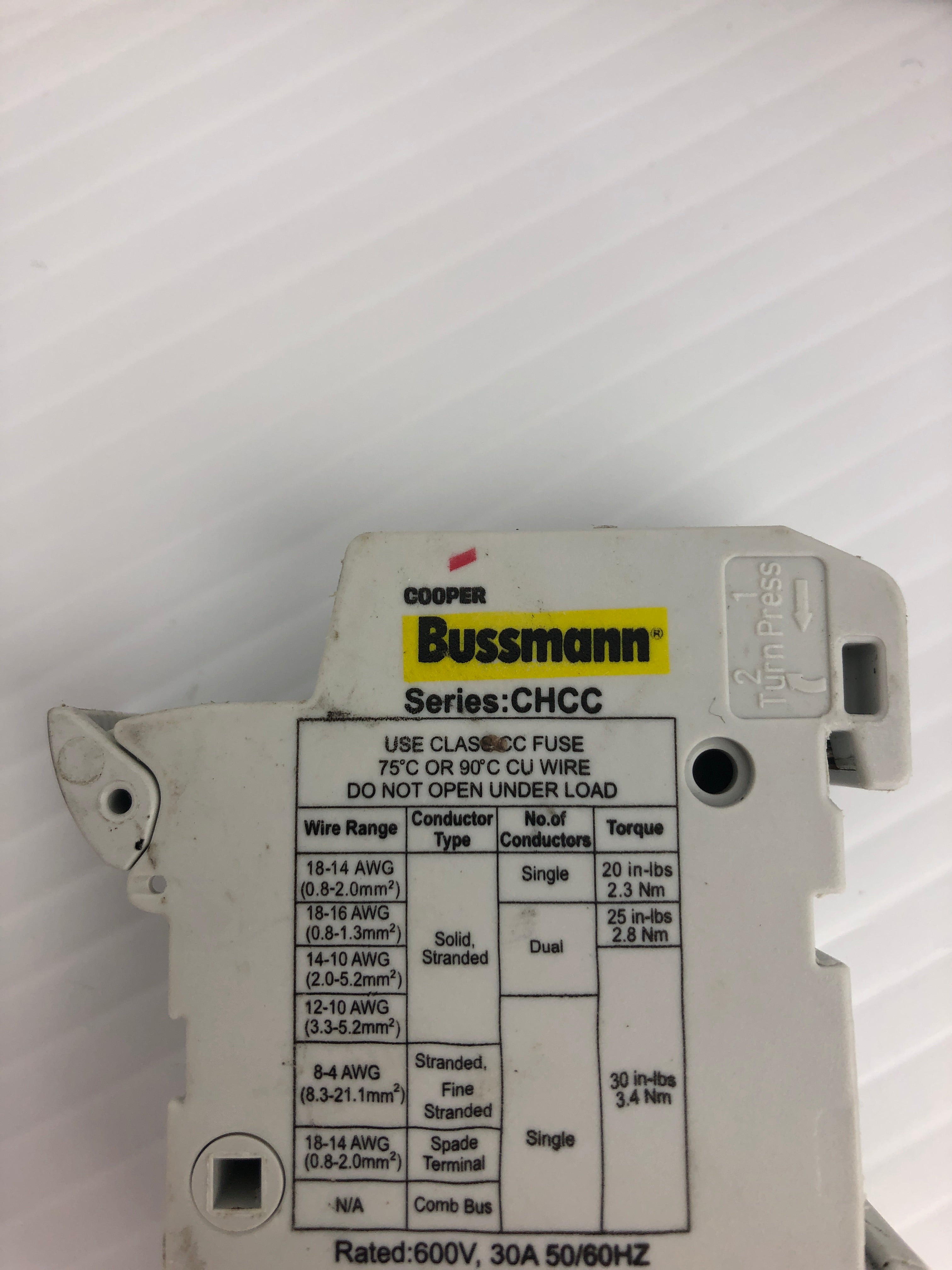 Cooper CHCC Bussmann Fuse Holder 600V 30A 1P 200kA 50/60Hz - Lot of 3