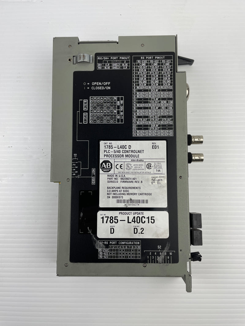 Allen-Bradley 1785-L40C PLC 5/40 Controlnet Processor Module Series D Rev E01