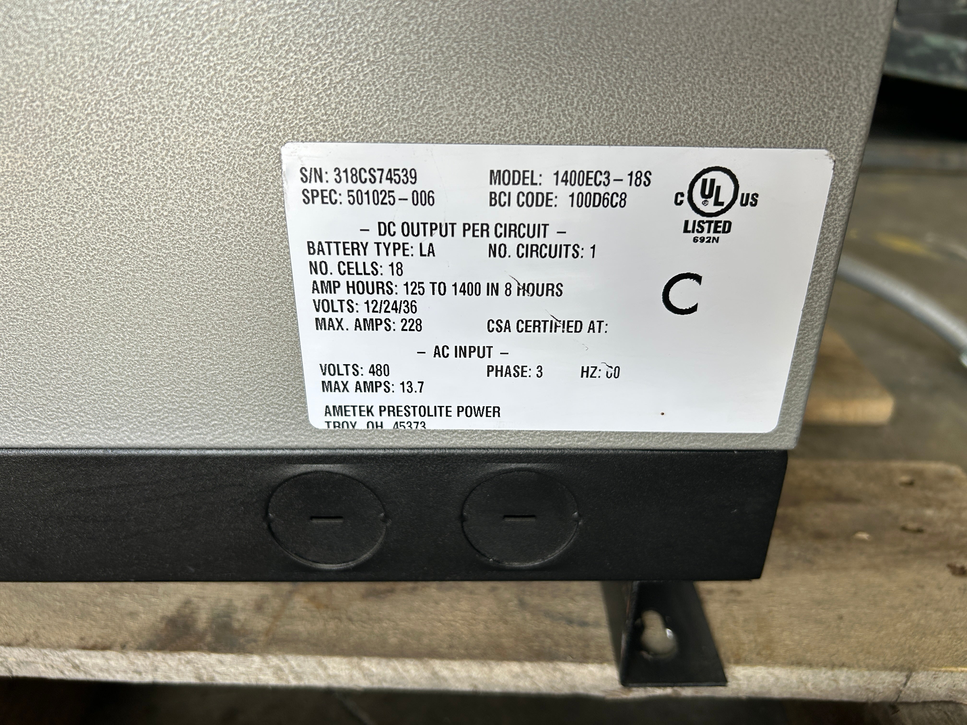 Ametek Eclipse II 1400EC3-18S Multi-Volt Battery Charger 12/24/36V 18 Cells 3PH