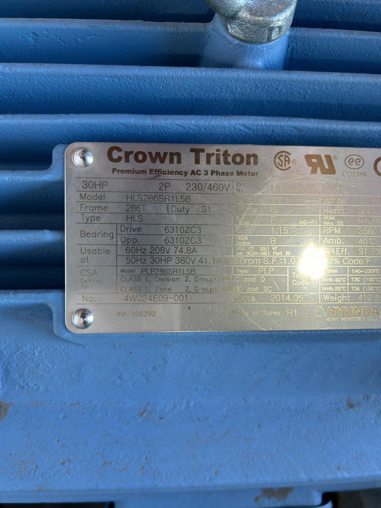 Crown Triton HLS286SR1L5B Motor Frame 286T 2 PH 30 HP 3560 RPM