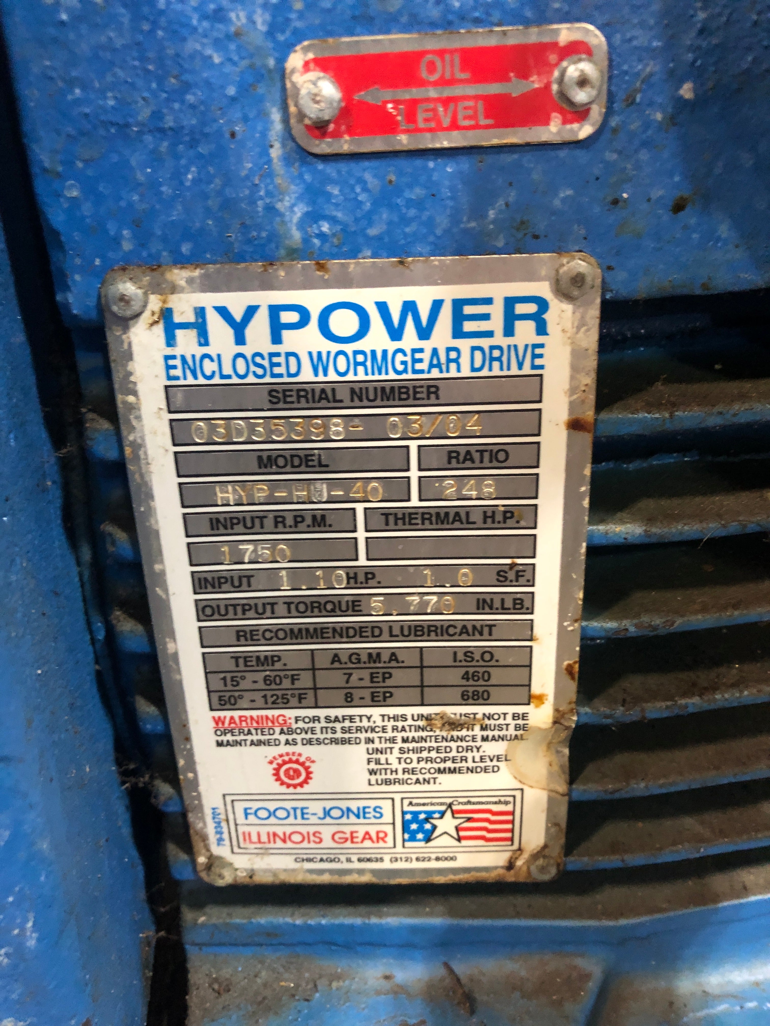 Foote-Jones HYP-HU-40 Hypower Enclosed Wormdrive Gear 248 Ratio 1.10 HP 1750 RPM