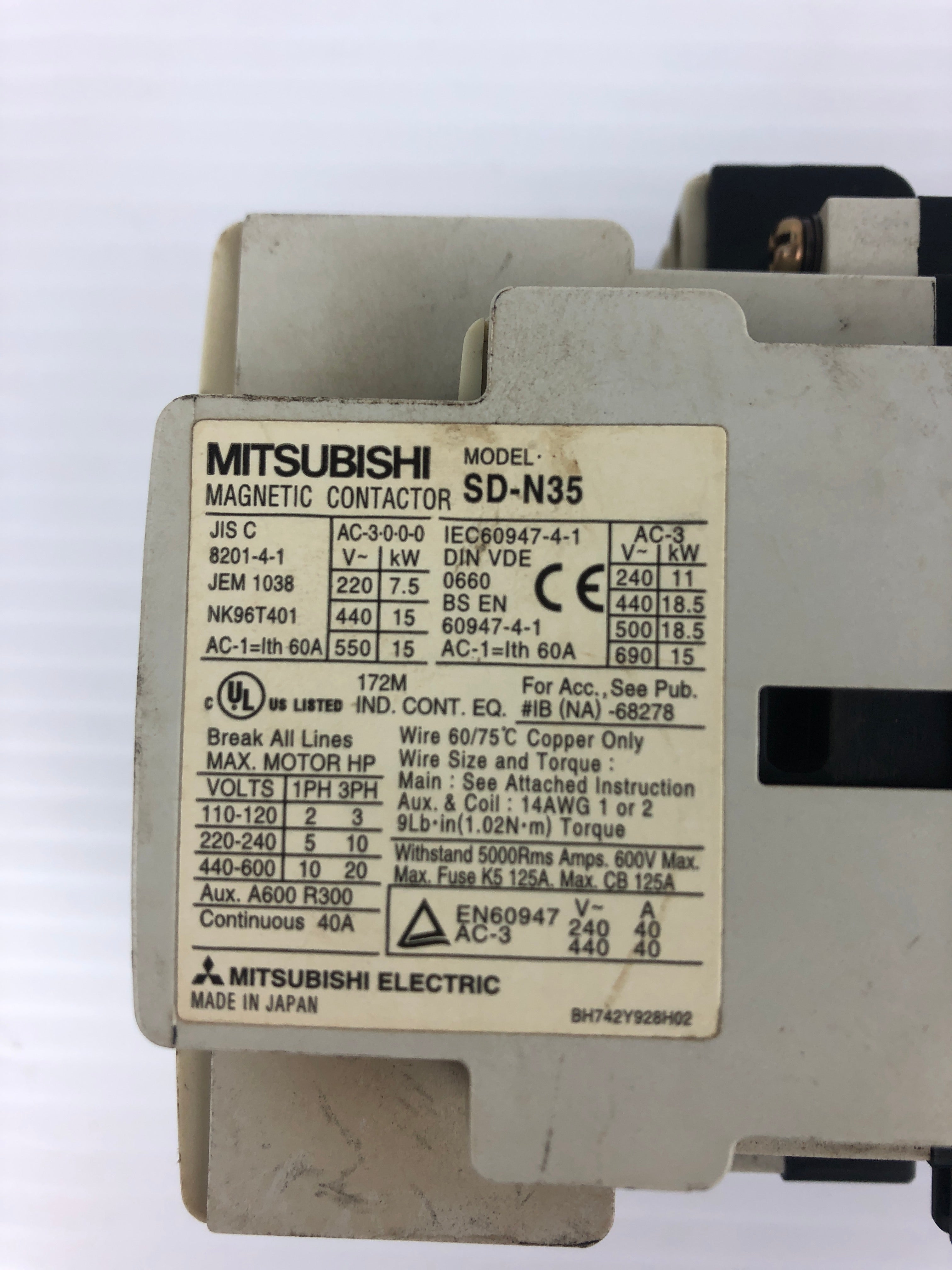Mitsubishi SD-N35 Magnetic Contactor 110-600V 60A 3PH