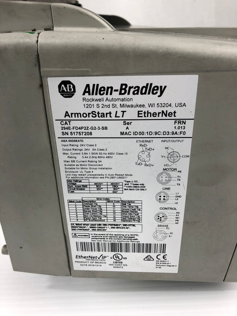Allen Bradley 294E-FD4P2Z-G2-3-SB ArmorStart LT Ethernet with Bracket