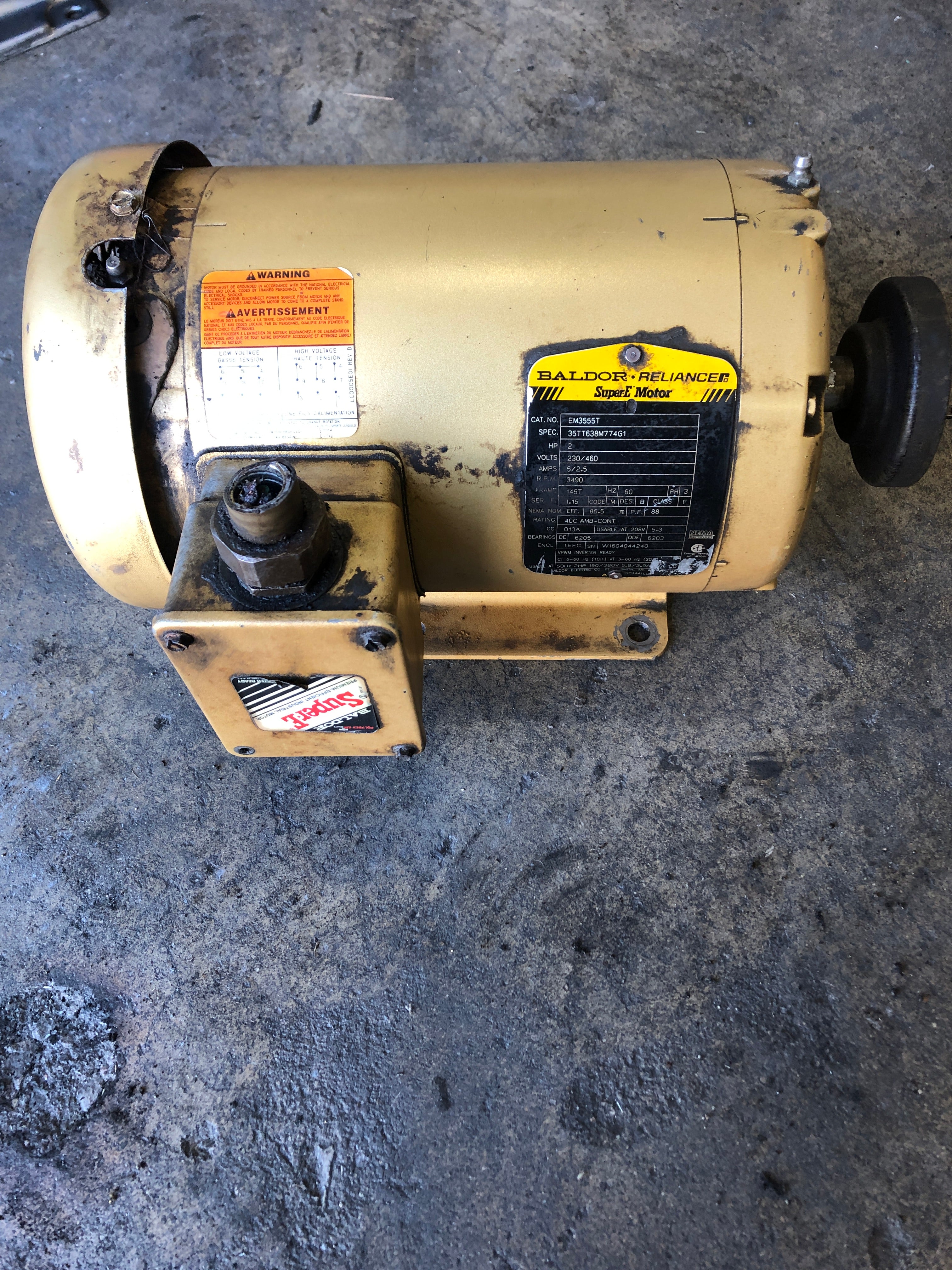 Baldor Reliance EM3555T General Purpose Motor 2HP 3490 RPM 230/460V 145T Frame