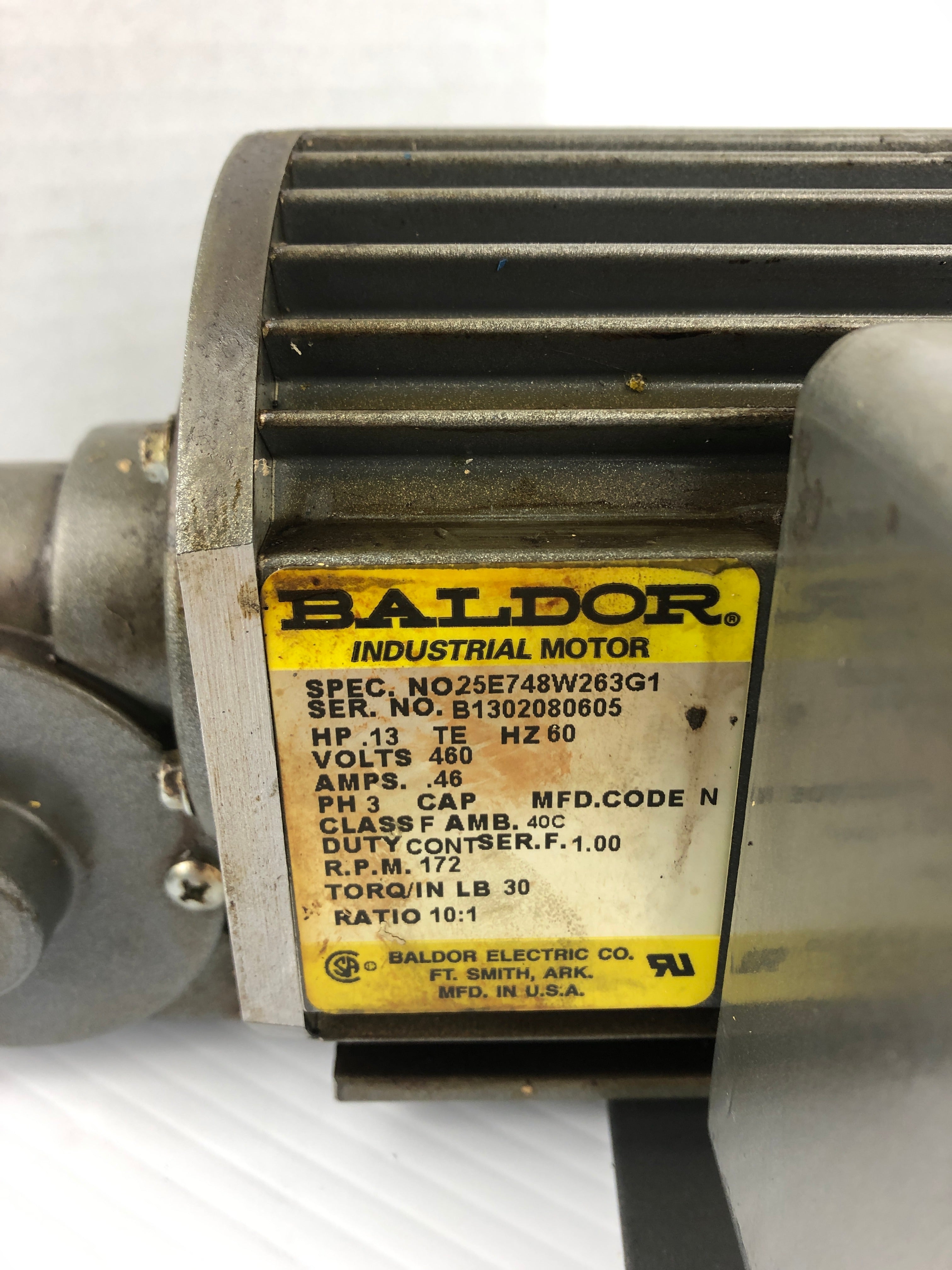 Baldor 25E748W263G1 Industrial Motor .13HP 172 RPM .46A 3PH 10:1 Ratio