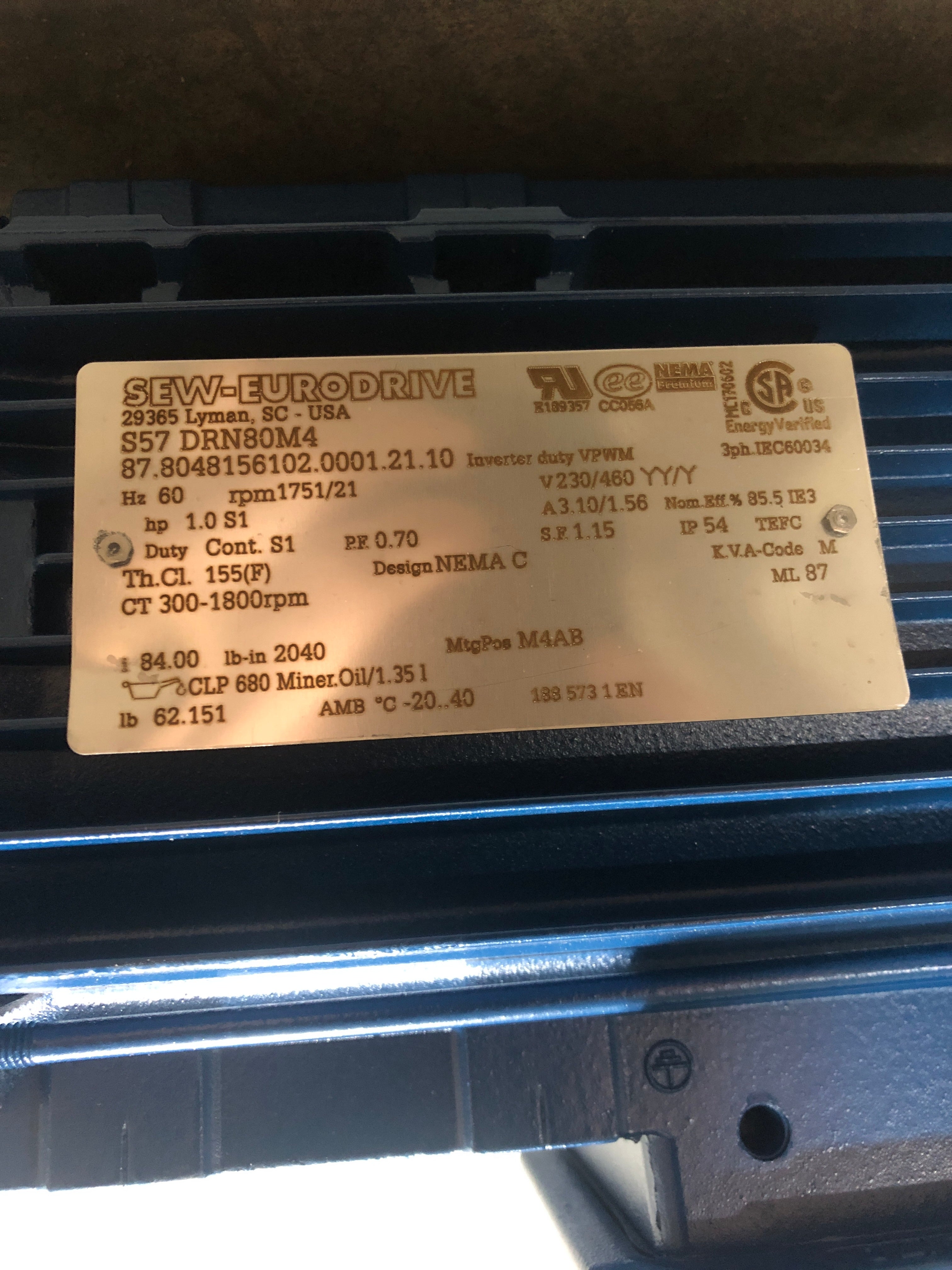 SEW Eurodrive S57 DRN80M4 Gearmotor 1751/21RPM 1.0HP 230/460V 3.10/1.56A