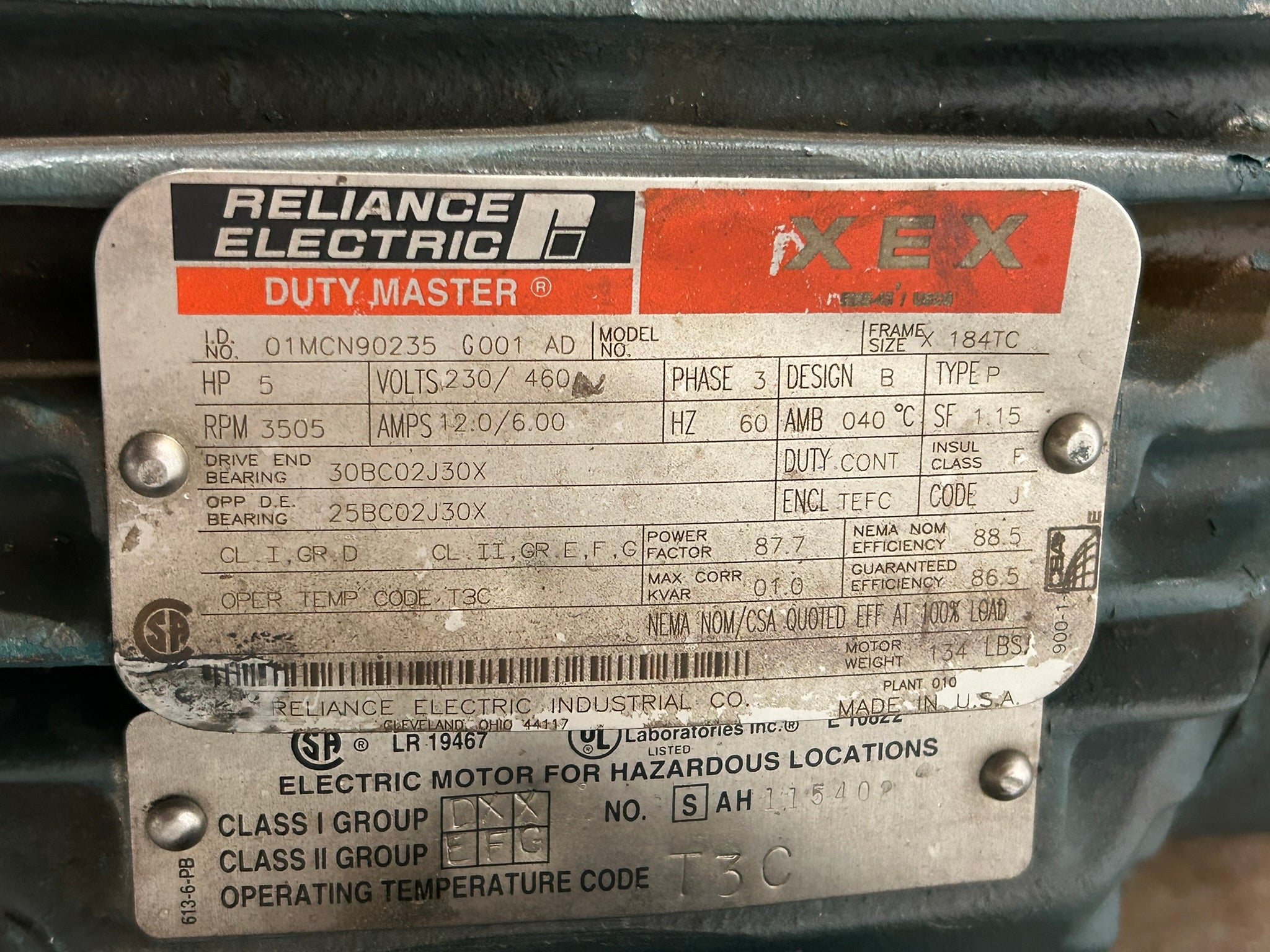 Reliance Electric 01MCN90235G001AD XEX Duty Master Motor 5HP 3PH Admix FF-425P