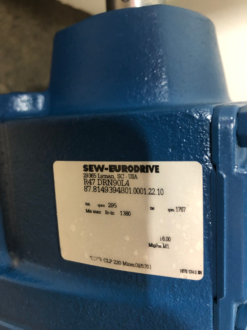 SEW-Eurodrive R47 DRN90L4 Gear Motor 60 Hz, 1767/295 RPM