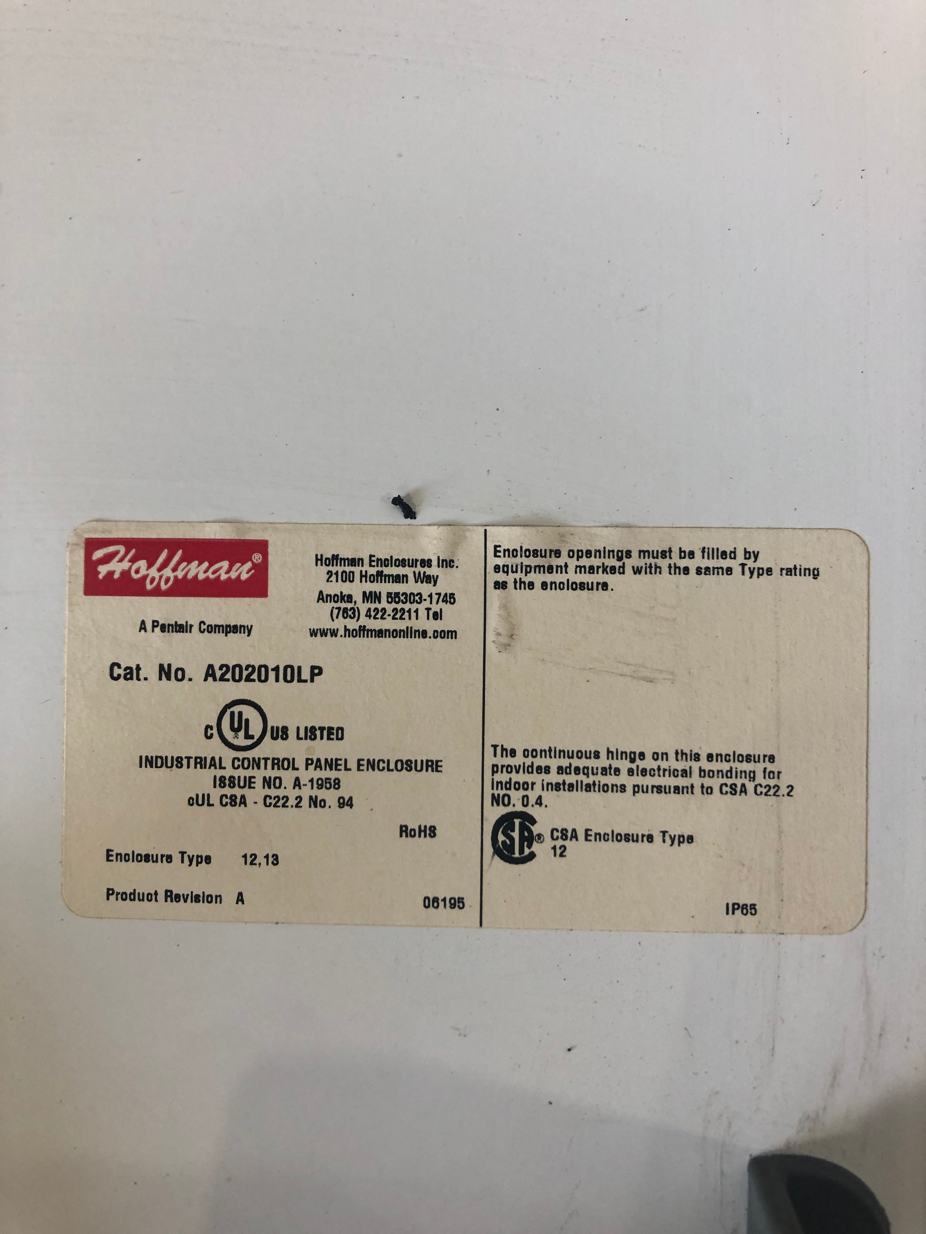 Hoffman A202010LP Industrial Control Electrical Enclosure Type 12,13