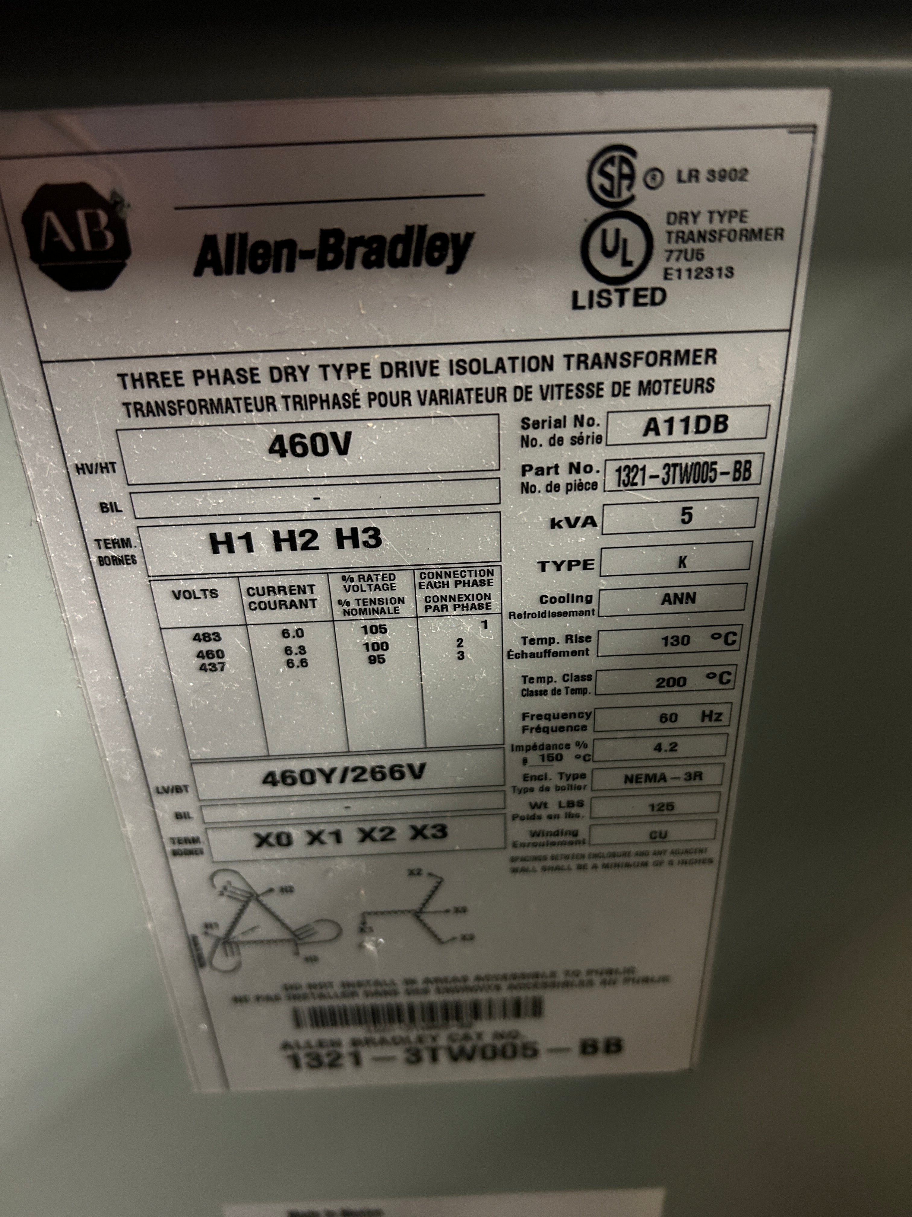 Allen-Bradley 1321-3TW005-BB Drive Isolation Transformer Dry Type 5kVA 460V 3PH