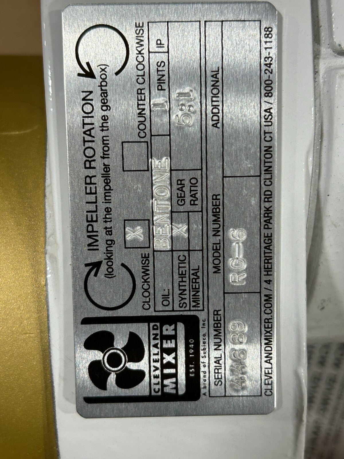 Cleveland Mixer RG-6 Clockwise Impeller 5:1 Gear Ratio with Baldor 1.5HP Motor