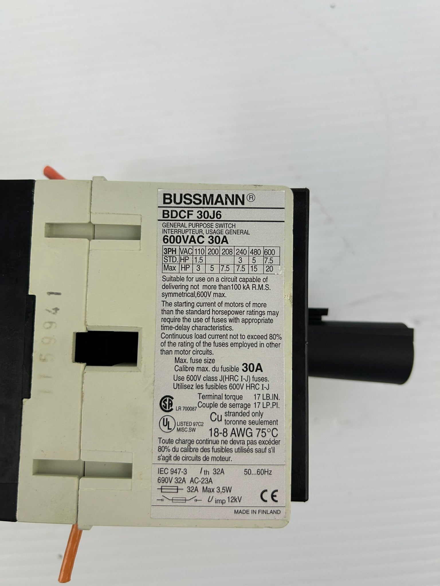 Bussmann BDCF30J6 General Purpose Switch Fusible 30A 600VAC BDCF 30J6