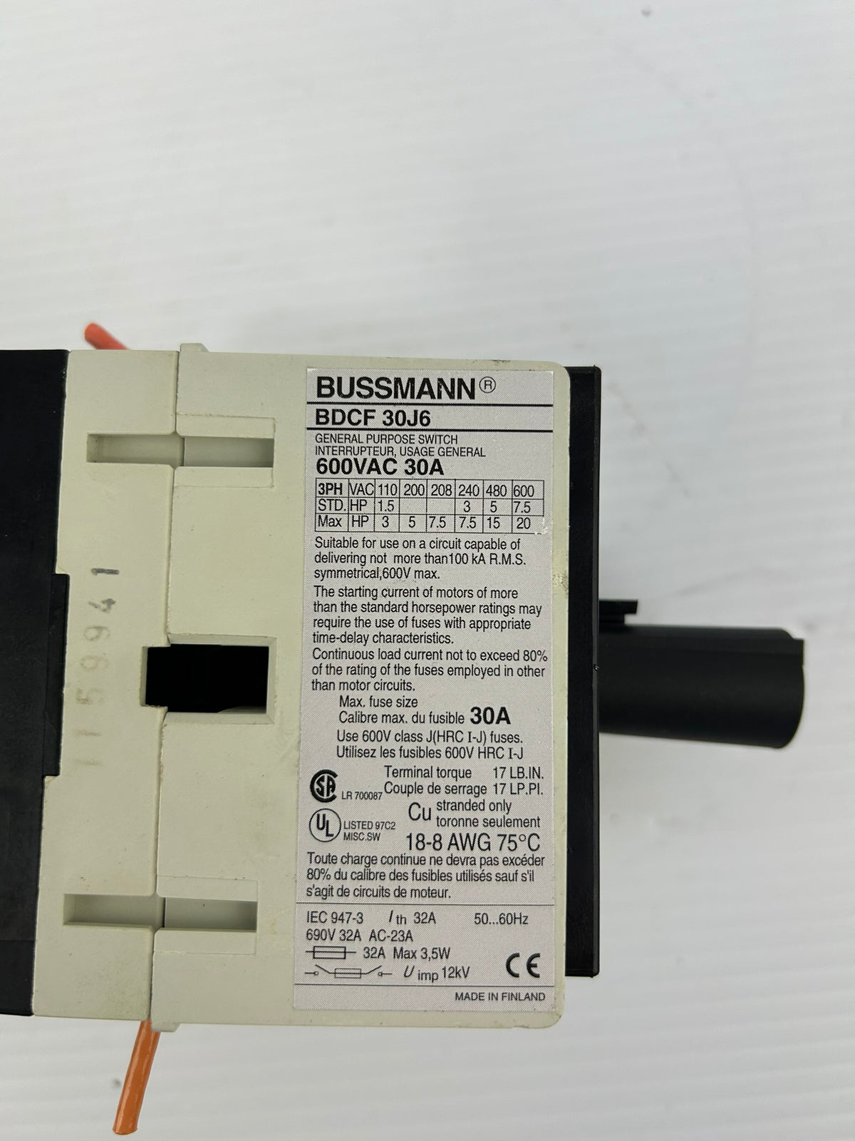 Bussmann BDCF30J6 General Purpose Switch Fusible 30A 600VAC BDCF 30J6
