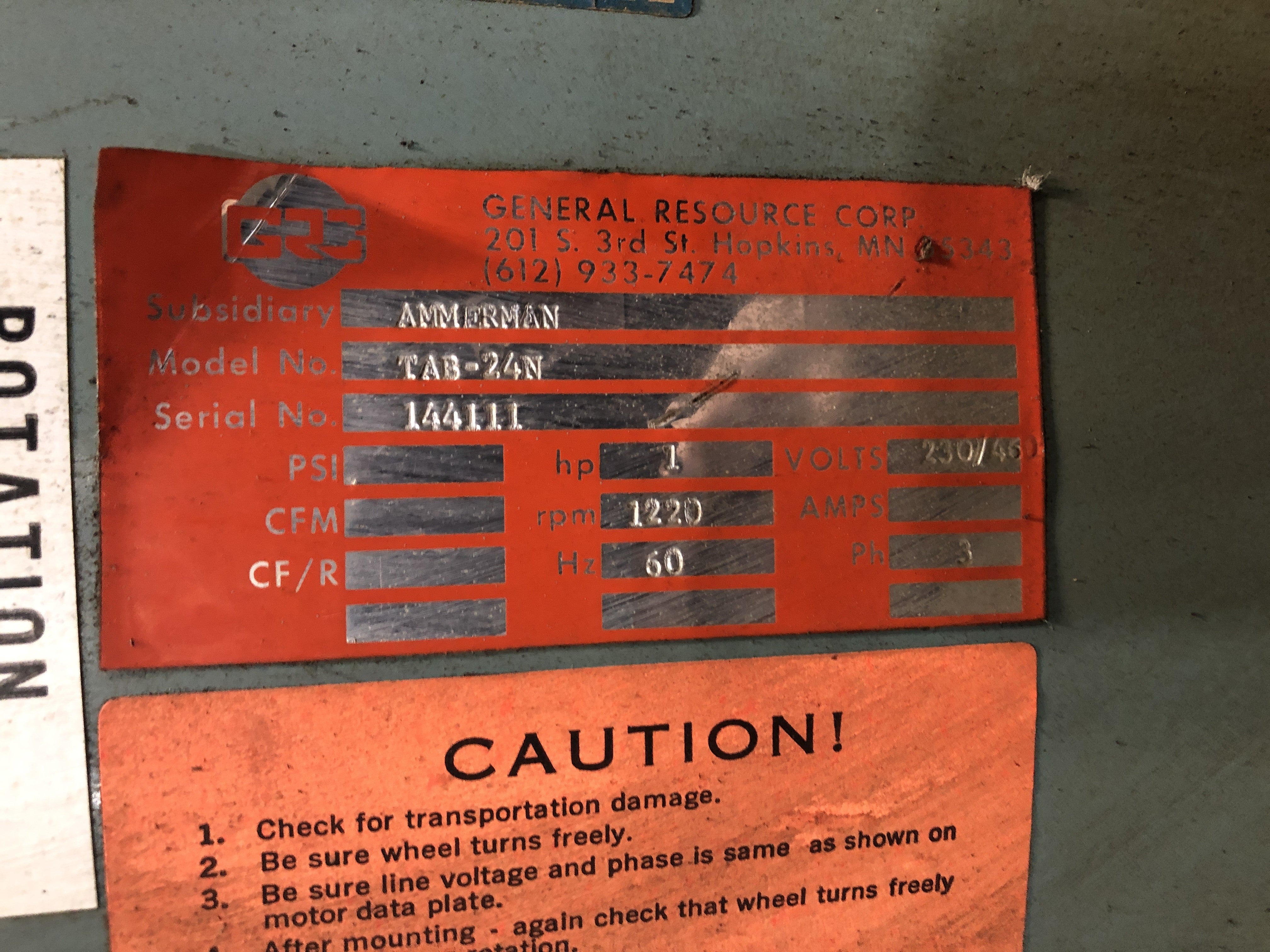 General Resource TAB-24N Tab Tube Axial Belt Drive Fan with 1 HP Motor 3PH