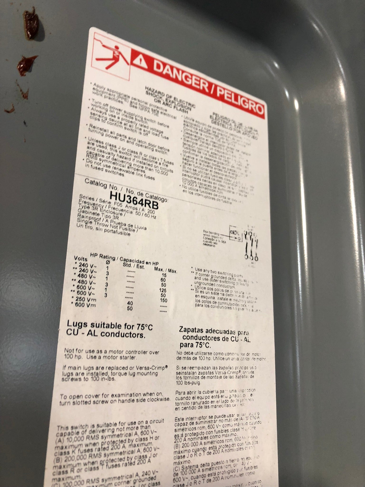 Square D HU364RB Enclosed Disconnect 200A Safety Switch Electrical Box AL-40