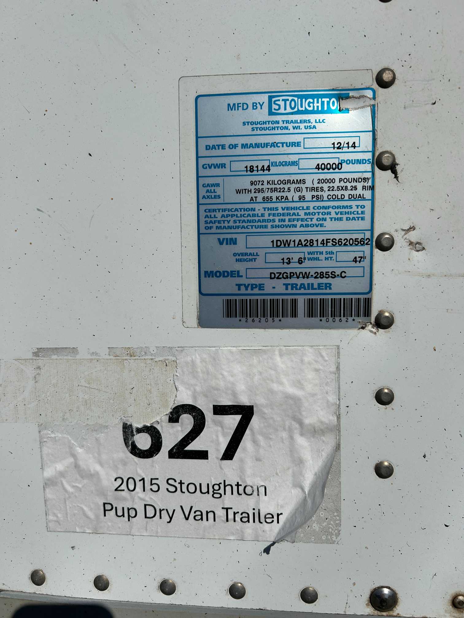 2015 Stoughton Pup Dry Van Semi Trailer 28' Spring / Roll Up 1DW1A2814FS620562