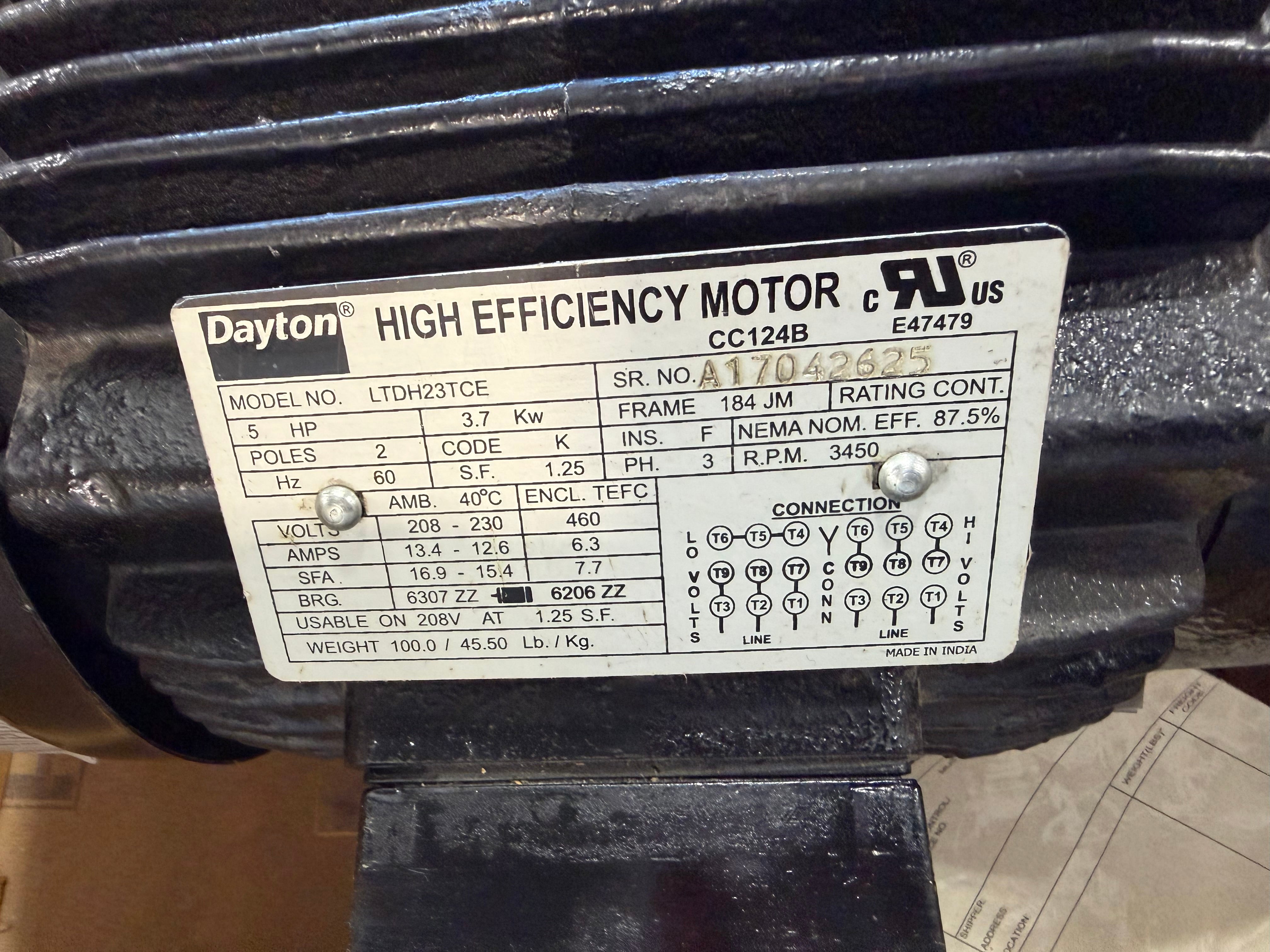 Dayton LTDH23TCE 5HP Motor 184JM 208-230/460V 3PH 3450RPM TEFC Pump Motor