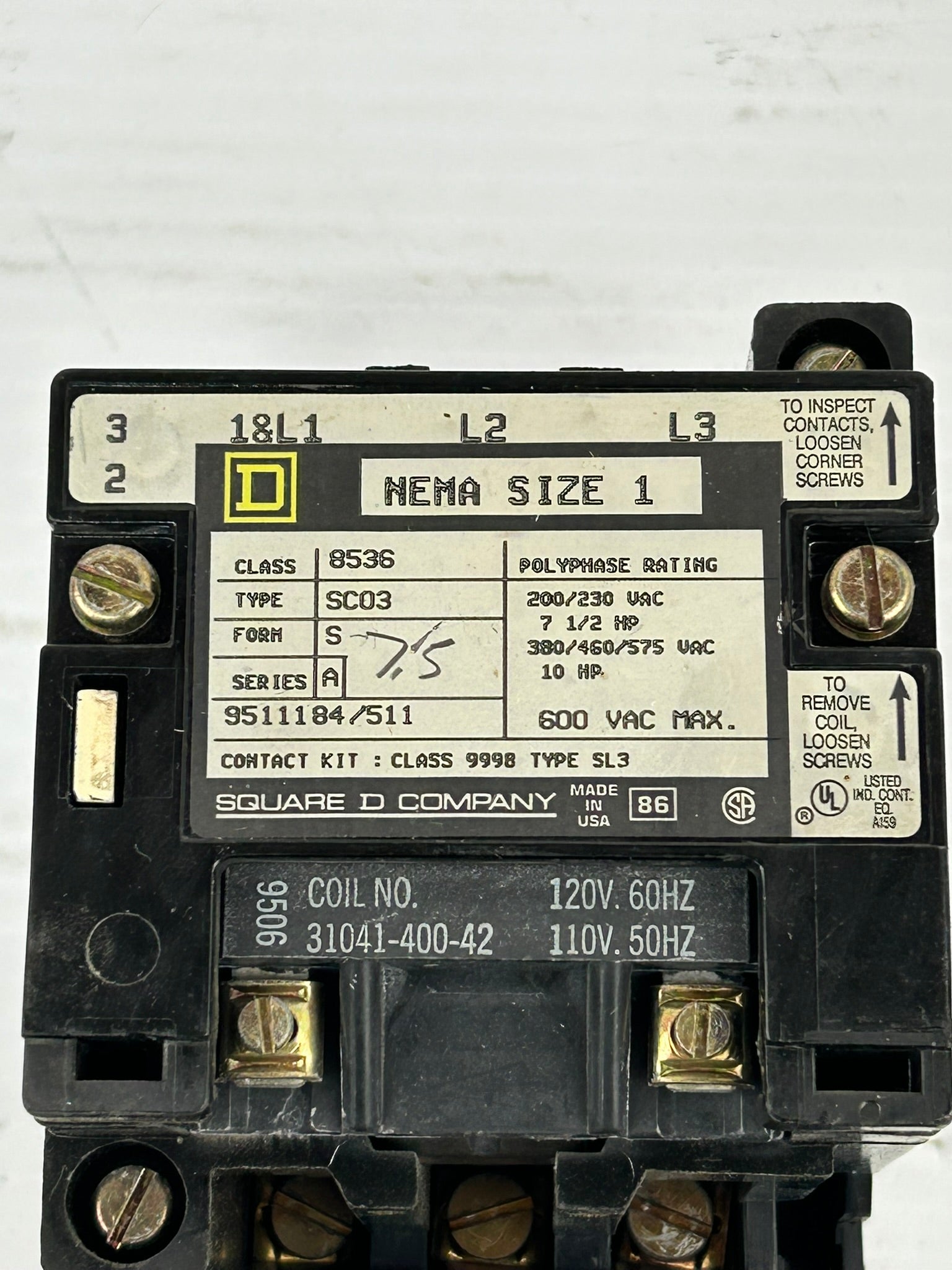 Square D 8536 SC03 Series A Starter Nema Size 1 with Overload Thermal Relays