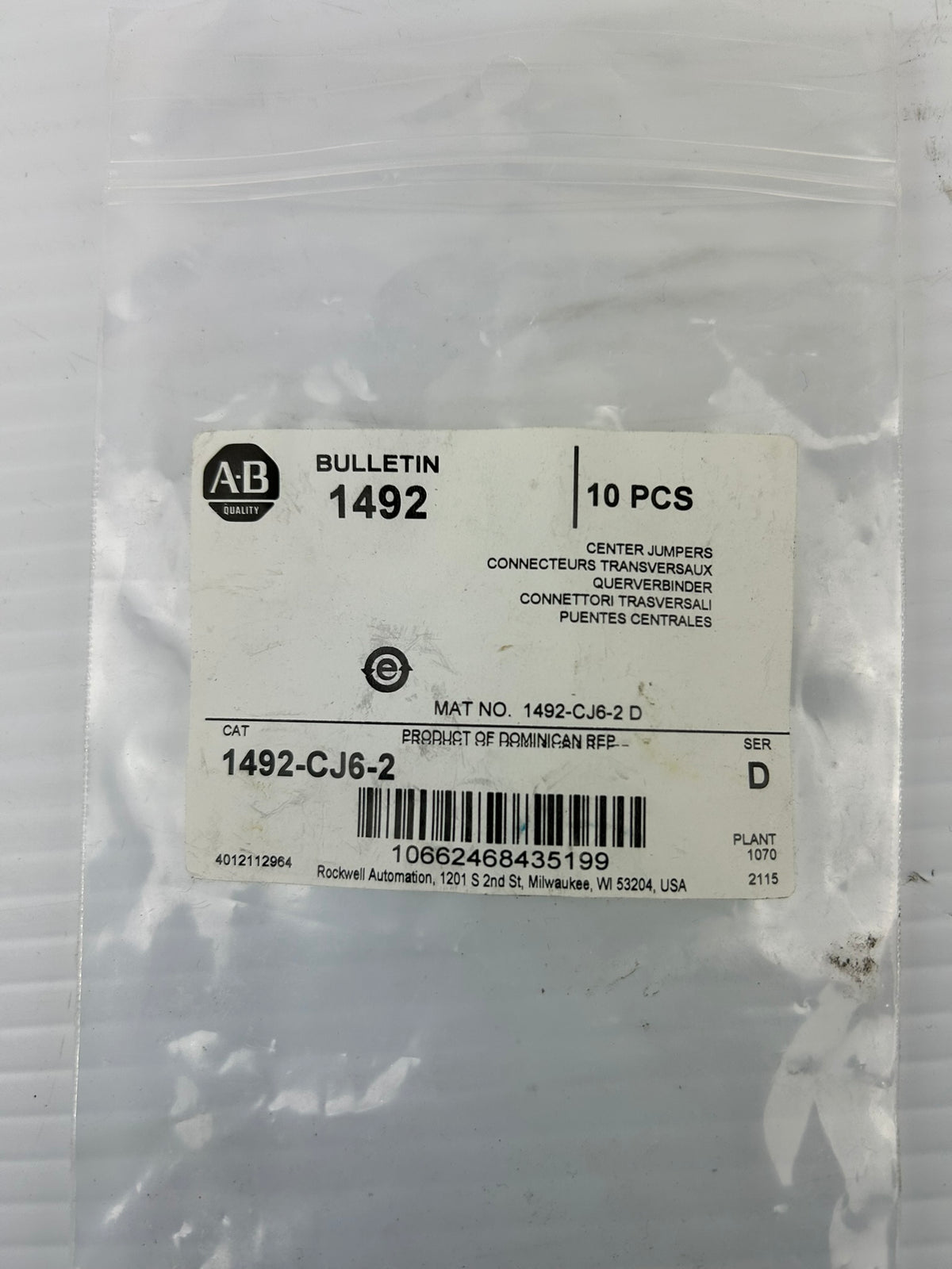 Allen Bradley 1492-CJ6-2 Center Jumpers Series D - Lot of 10