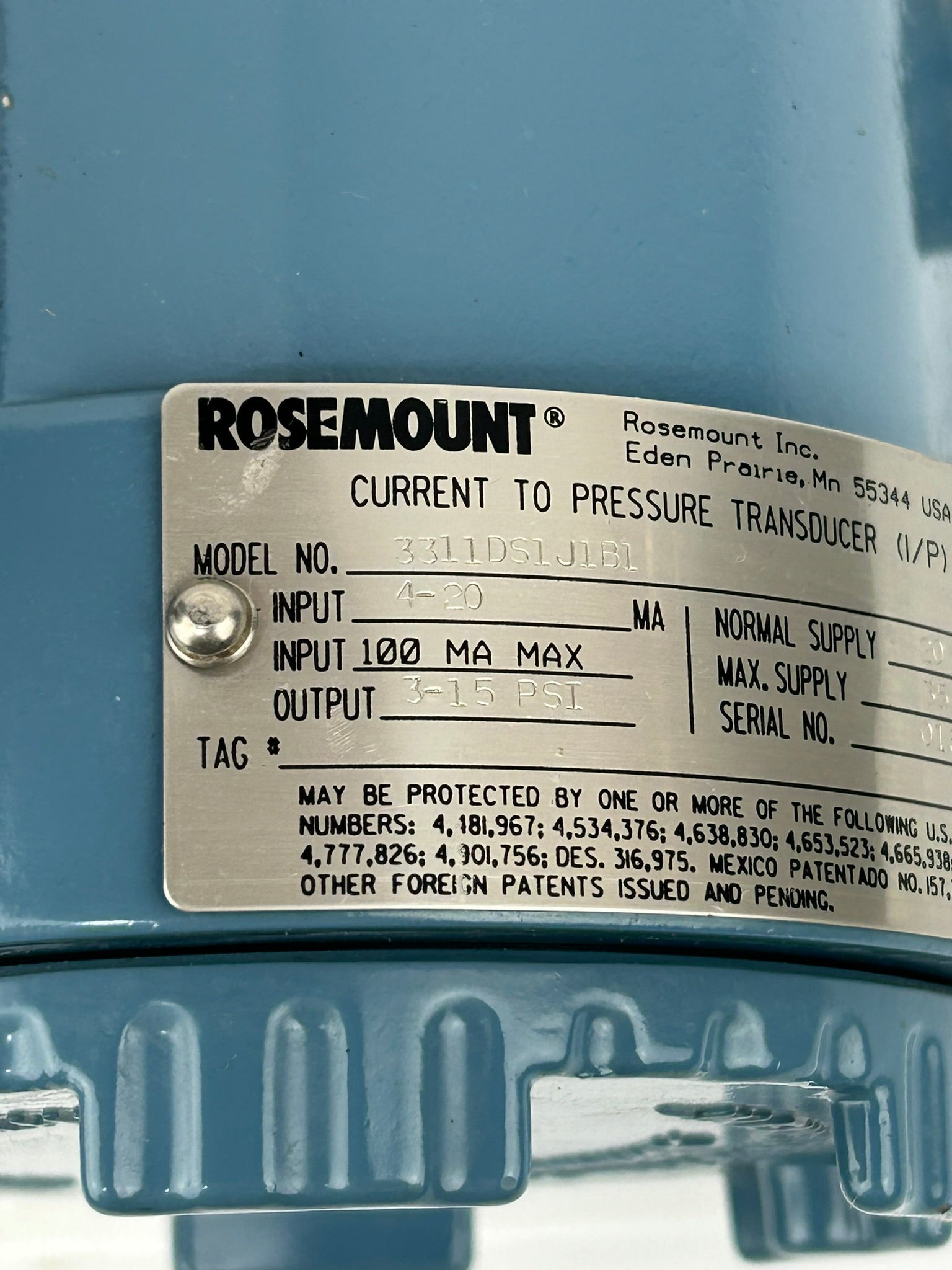 Rosemount 3311DS1J1B1 Pressure Transducer with Pressure Gauge 0-30 PSI