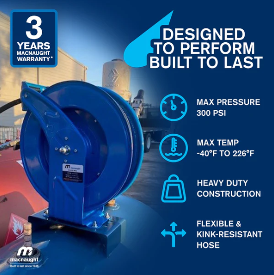 Industrial Hose Reel Air Water 3/8" x 50' Hose 300 PSI Macnaught M3D-AW-37550 ***