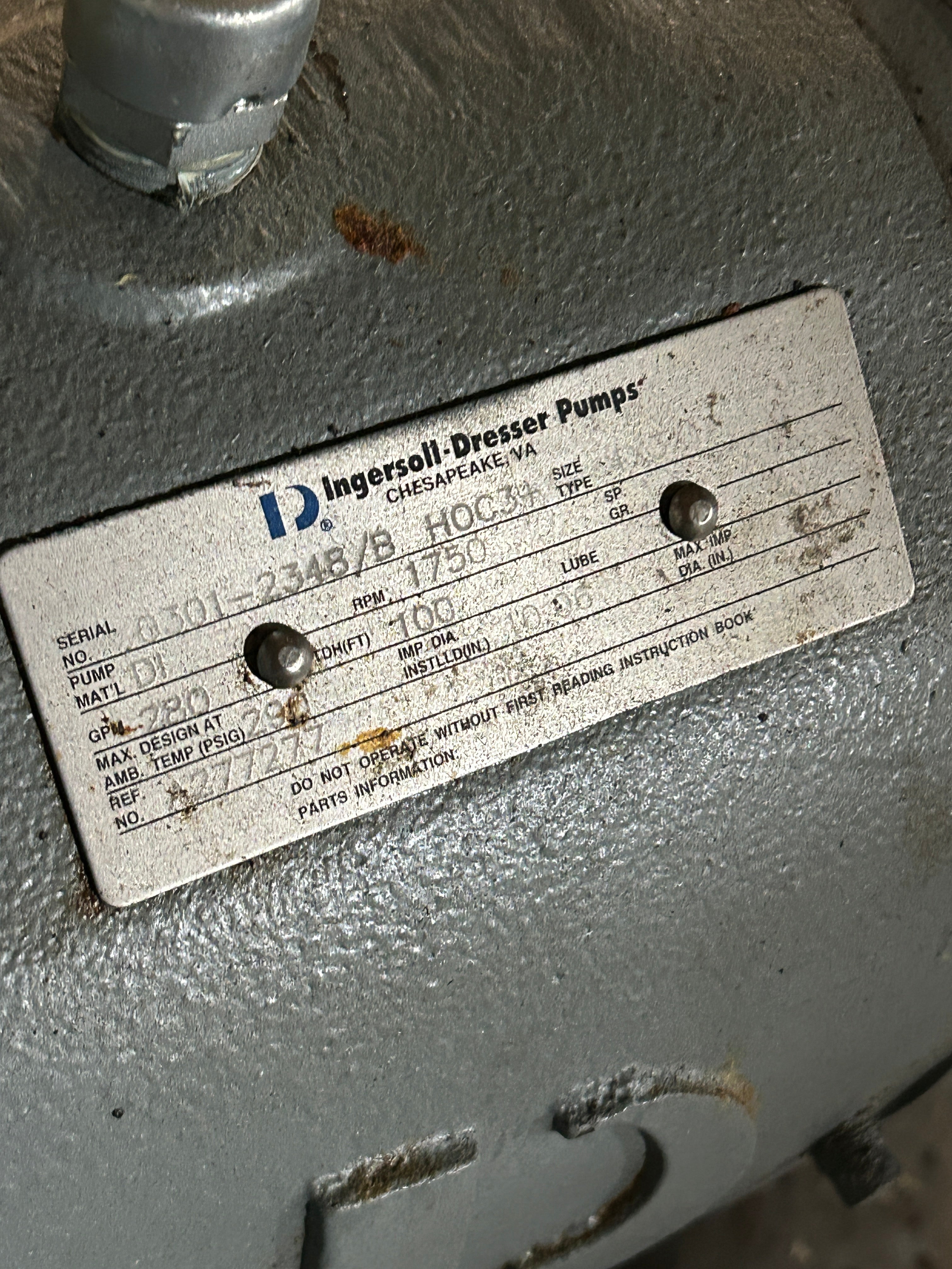 Ingersoll-Dresser HOC3+ Pump Assembly 4x3x10 1750RPM 280GPM 290PSIG