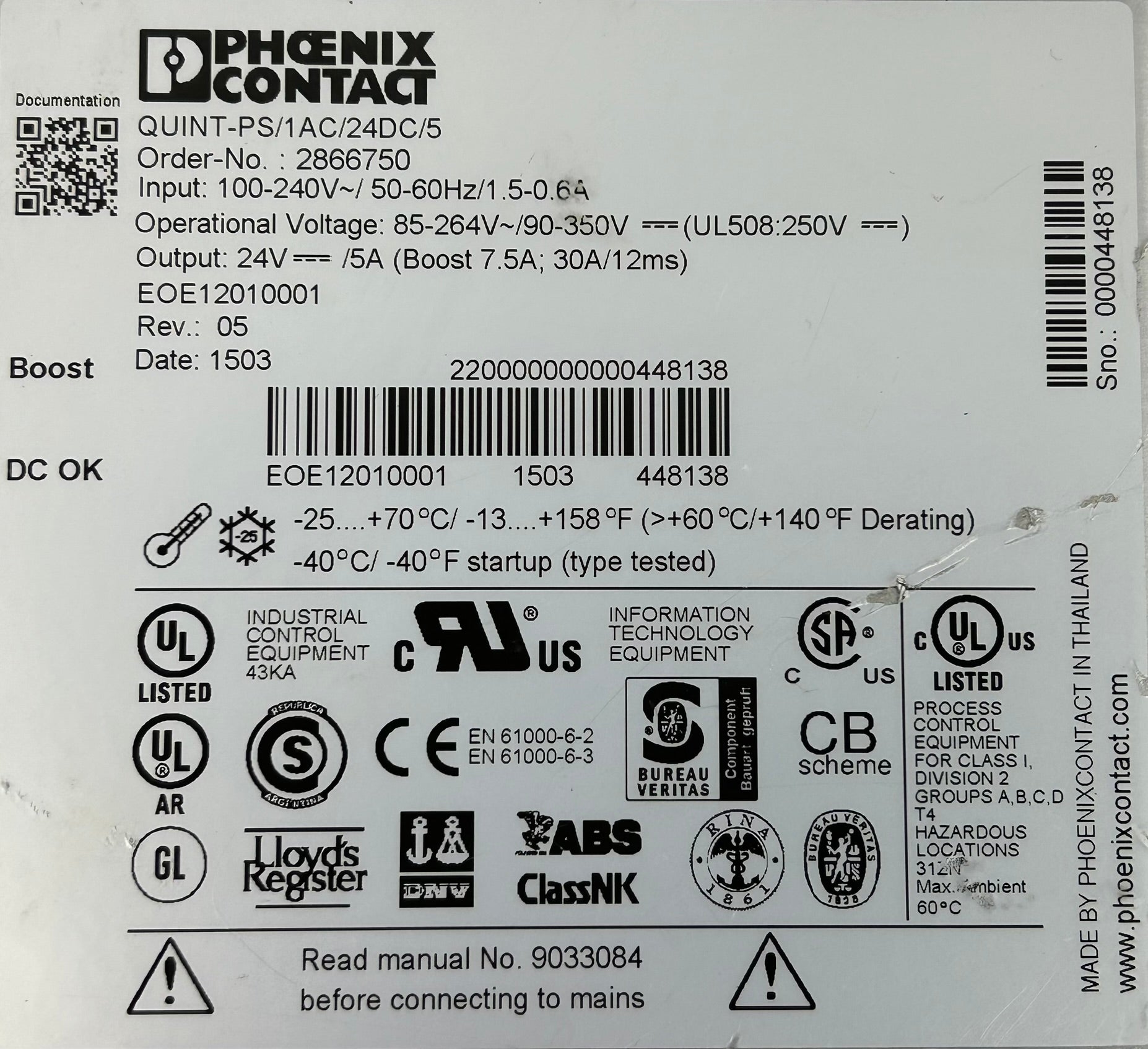 Phoenix Contact QUINT-PS/1AC/24DC/5 Power Supply Rev 05