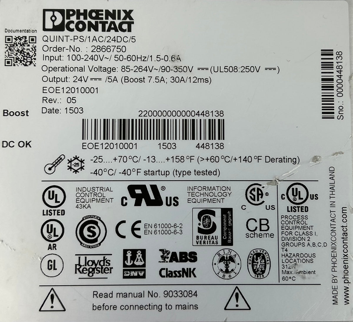 Phoenix Contact QUINT-PS/1AC/24DC/5 Power Supply Rev 05