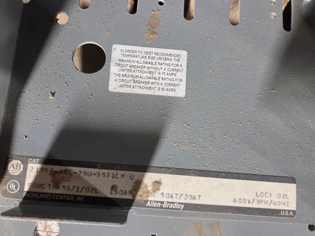 Allen Bradley 2193F-AKC MCC Bucket 50A 20A Dual Breaker Centerline 2100 No Door