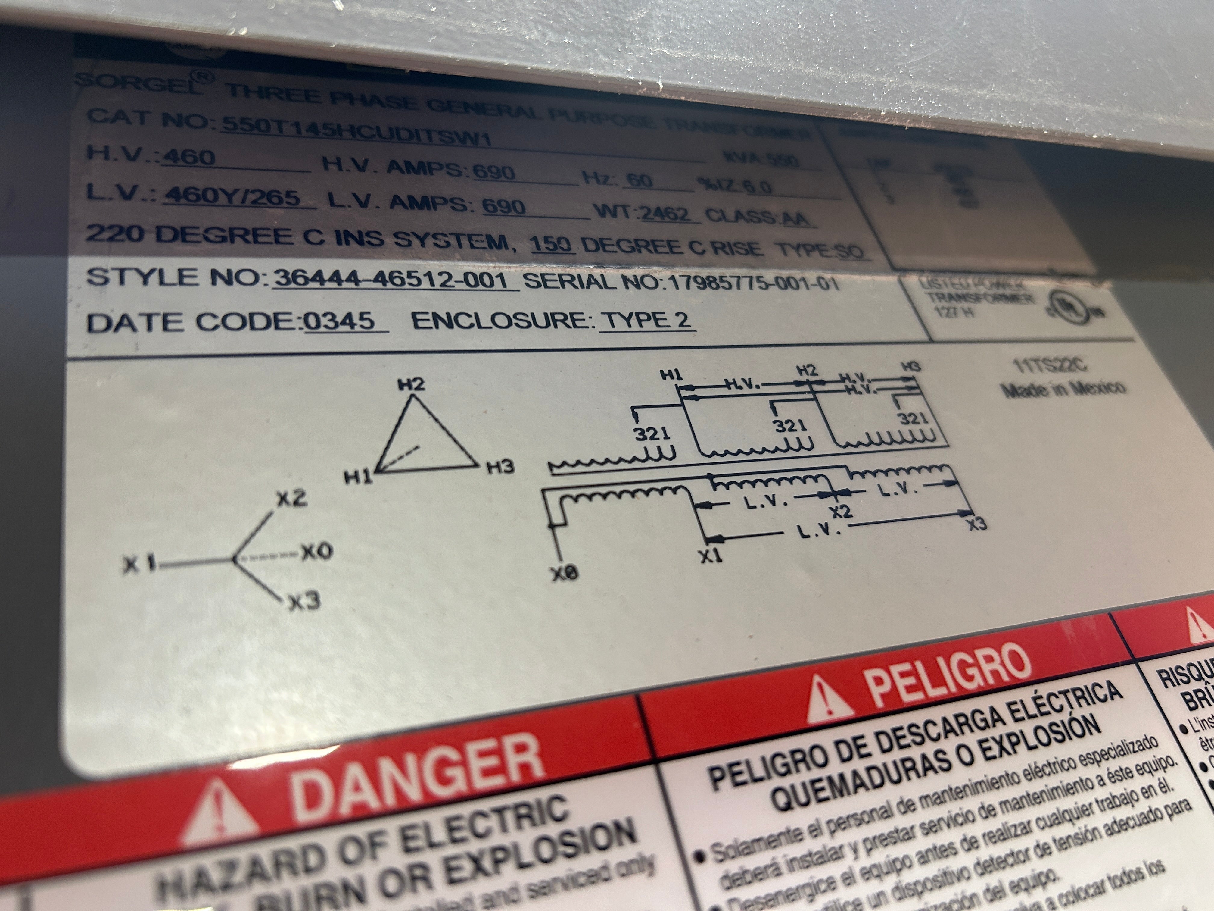 Square D 550T145HCUDITSW1 Transformer 550kVA 460V 460Y/265V 690A 3PH Type 2