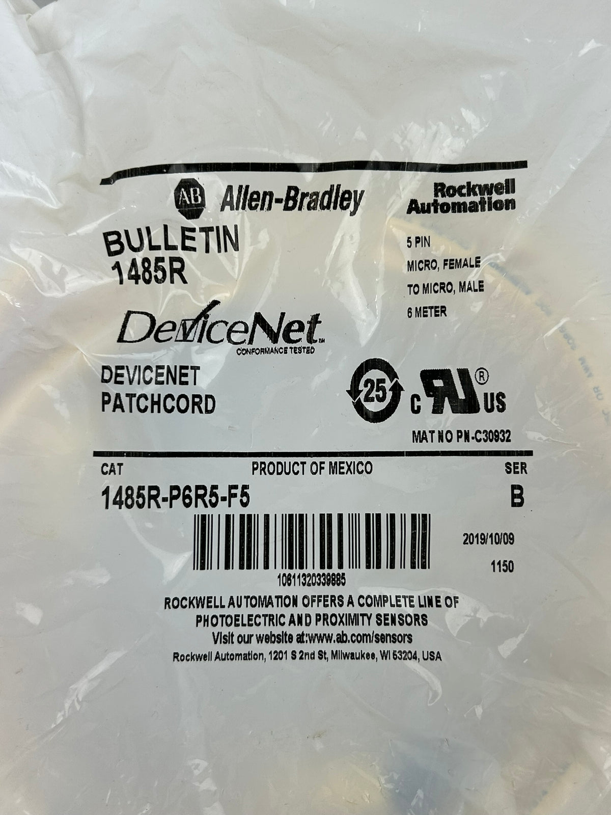 Allen-Bradley 1485R-P6R5-F5 Rockwell Automation Devicenet Patchcord Ser B 5 Pin